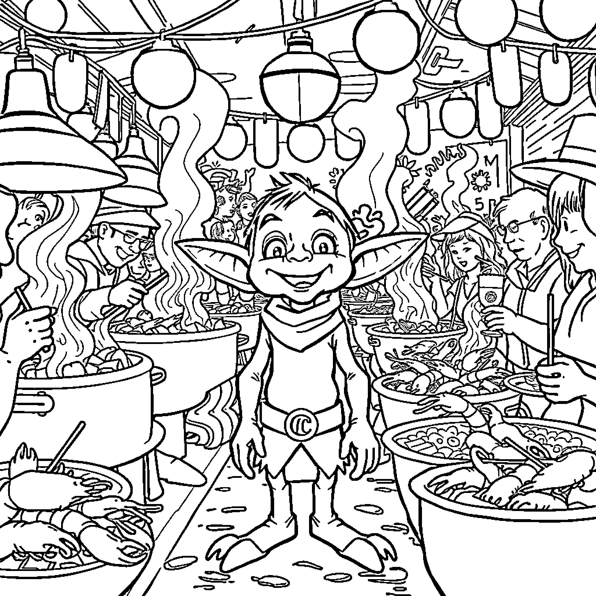 Dobby's Whimsical Kitchen Adventure Coloring Page (free black-and-white line drawing printable PDF for all, from beginners to advanced learners, including children, teens, adults, and seniors)