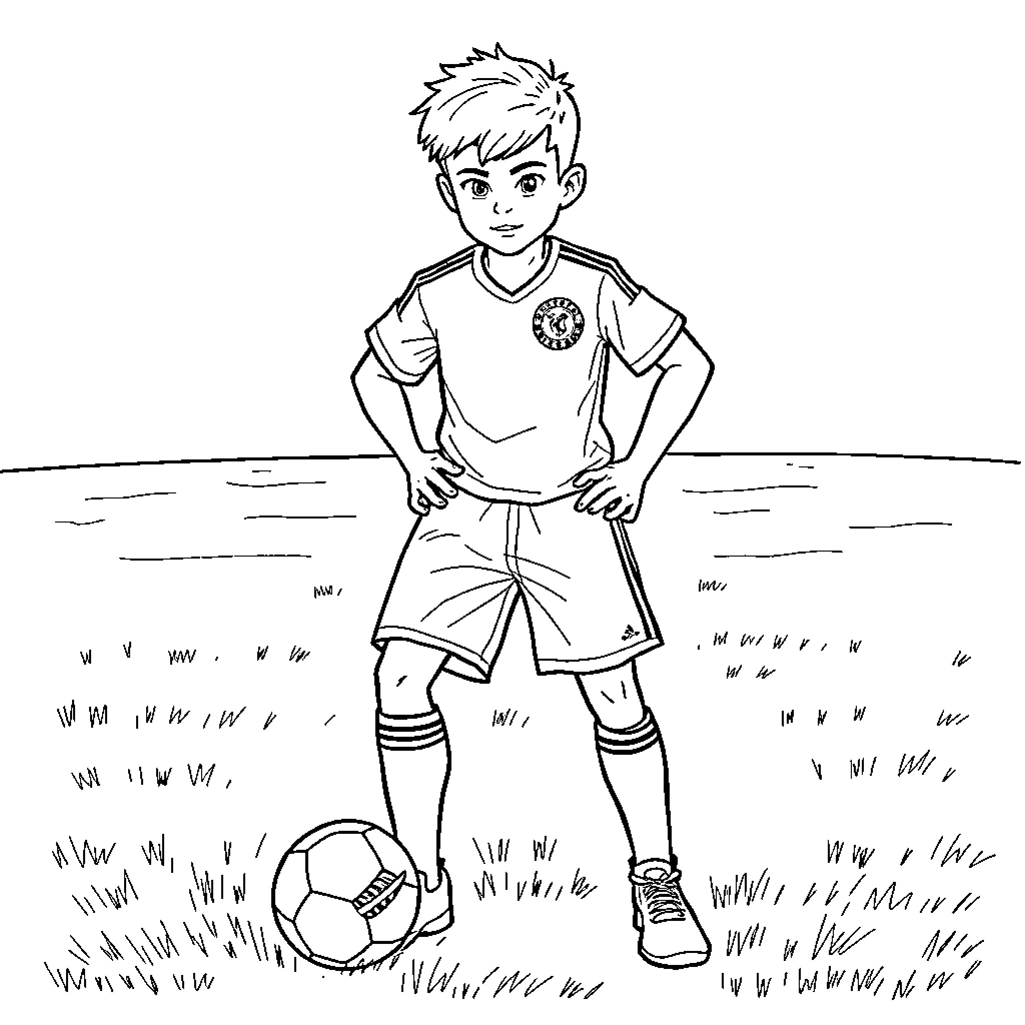 Mark Evans playing soccer on the field Coloring Page (free black-and-white line drawing printable PDF for all, from beginners to advanced learners, including children, teens, adults, and seniors)
