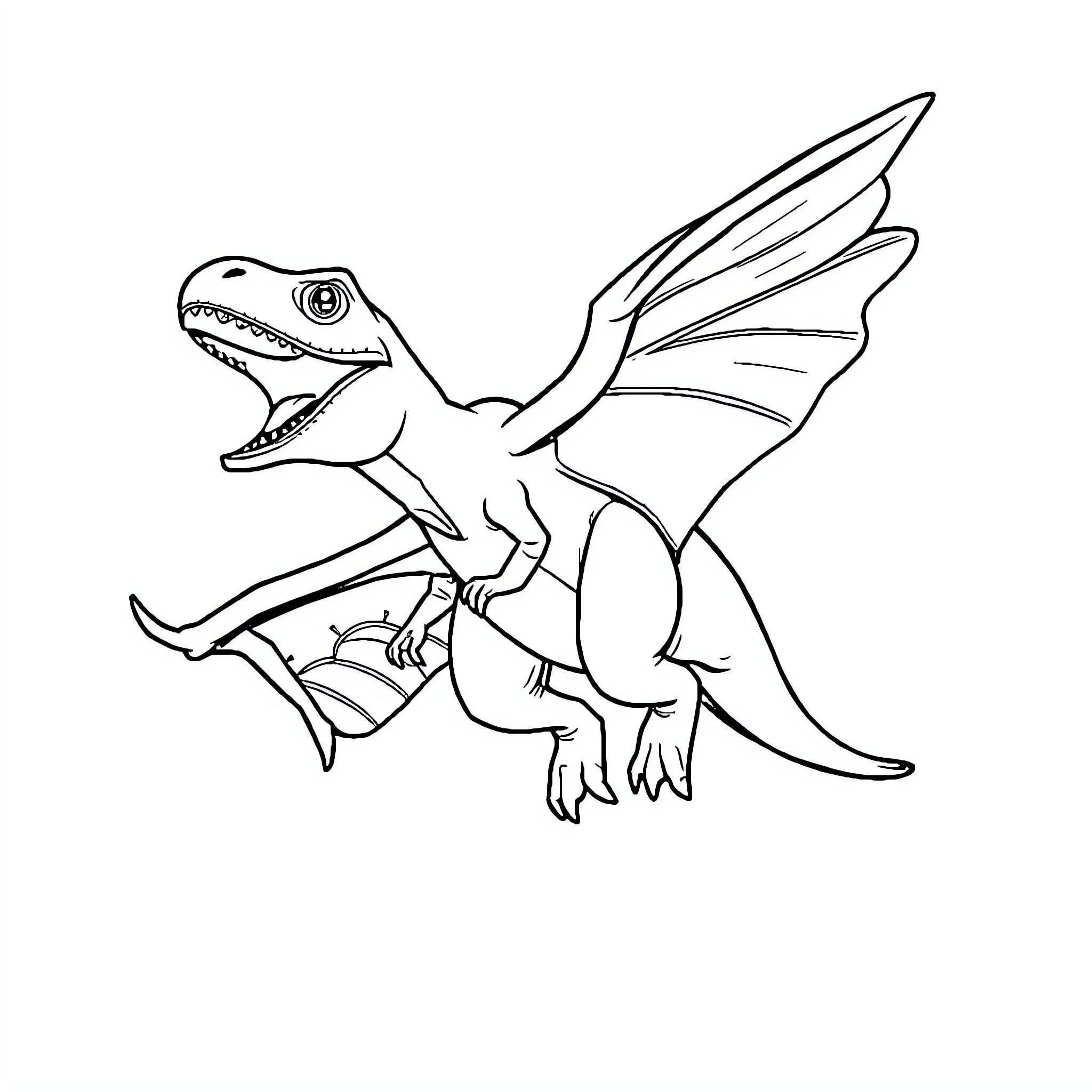 Dinosaur with wings taking flight Coloring Page (free black-and-white line drawing printable PDF for all, from beginners to advanced learners, including children, teens, adults, and seniors)