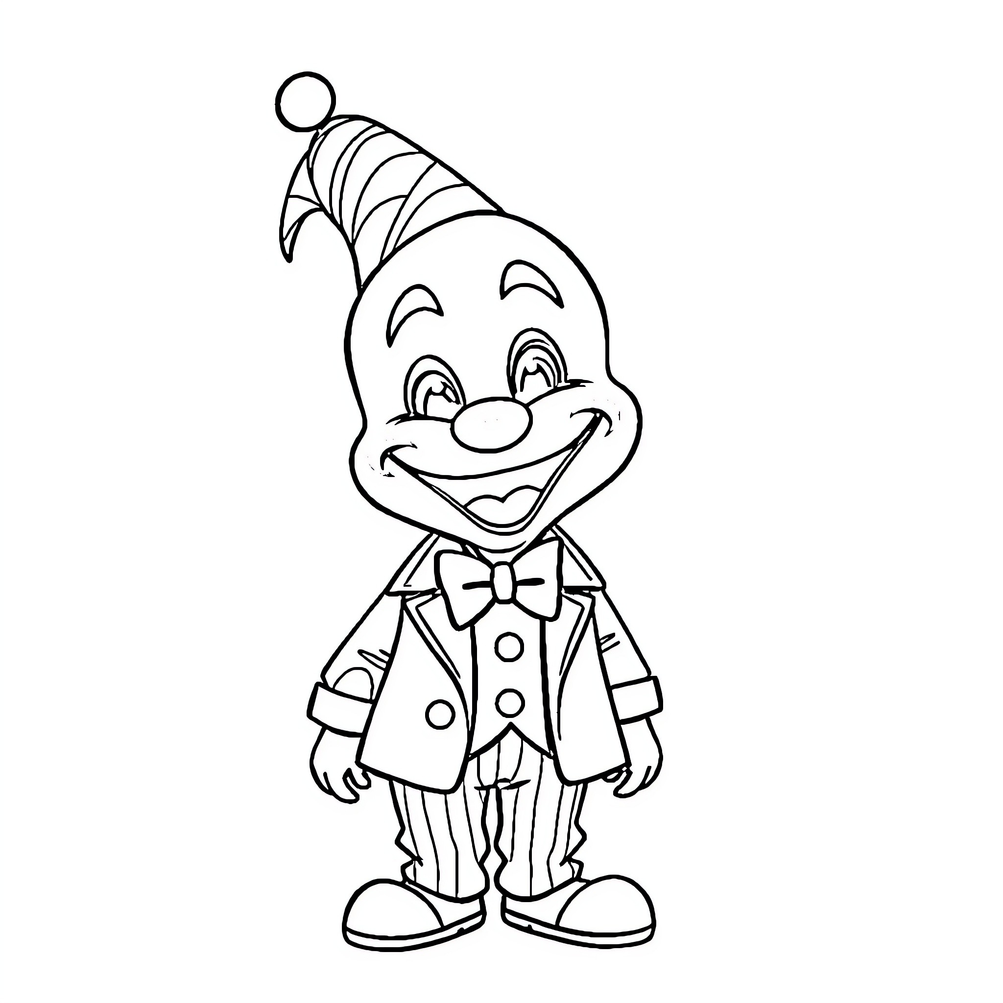 Plim Plim Clowning Around in a Joyful Suit Coloring Page (free black-and-white line drawing printable PDF for all, from beginners to advanced learners, including children, teens, adults, and seniors)