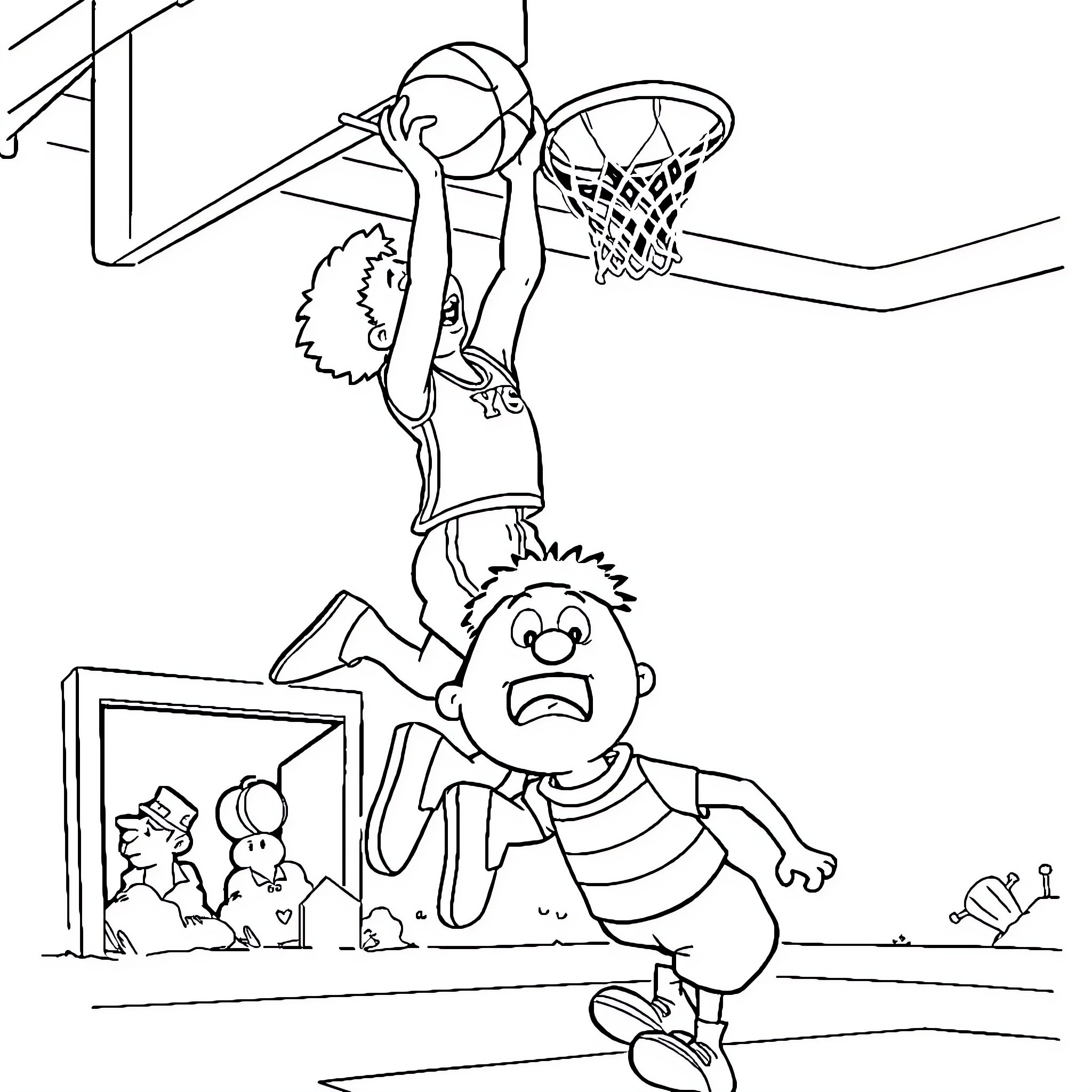 Burt's Spirited Basketball Dunk Coloring Page (free black-and-white line drawing printable PDF for all, from beginners to advanced learners, including children, teens, adults, and seniors)