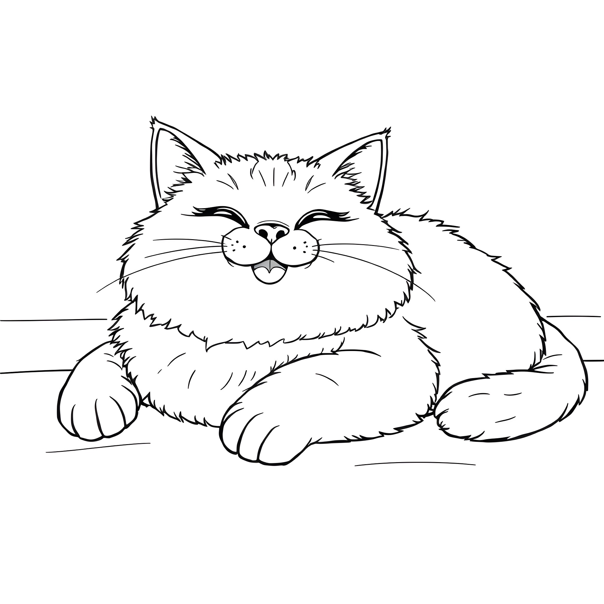 Cat resting contentedly on the floor Coloring Page (free black-and-white line drawing printable PDF for all, from beginners to advanced learners, including children, teens, adults, and seniors)