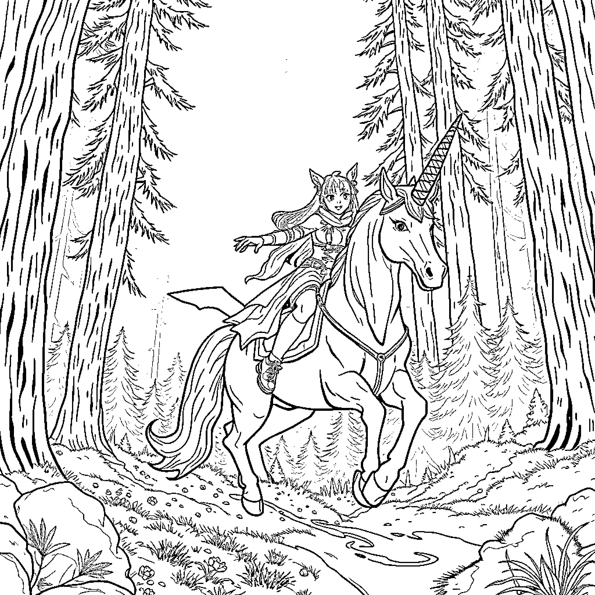 Huntrix Rumi's Enchanting Forest Adventure Coloring Page (free black-and-white line drawing printable PDF for all, from beginners to advanced learners, including children, teens, adults, and seniors)