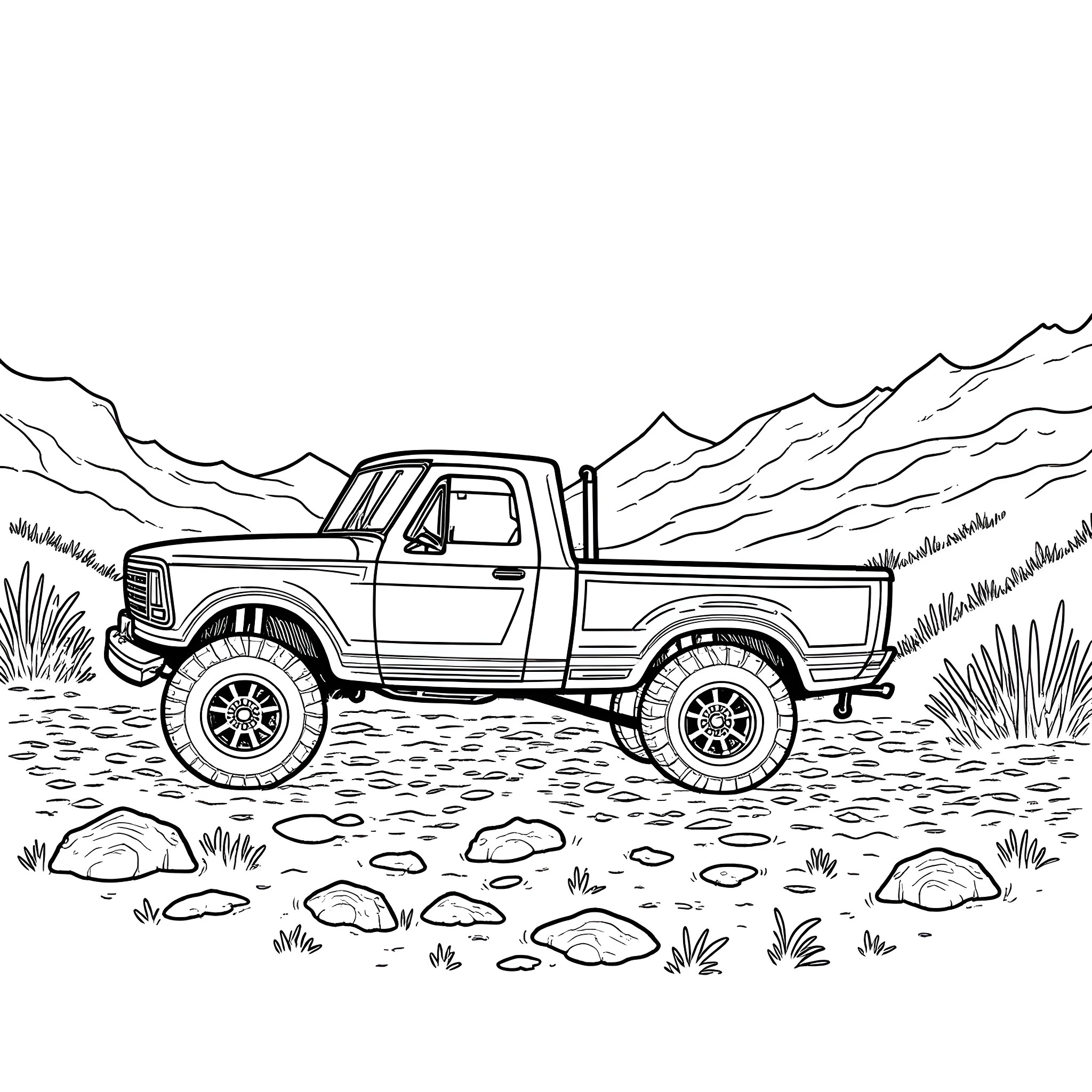 Wrecker Truck on rocky mountain terrain Coloring Page (free black-and-white line drawing printable PDF for all, from beginners to advanced learners, including children, teens, adults, and seniors)
