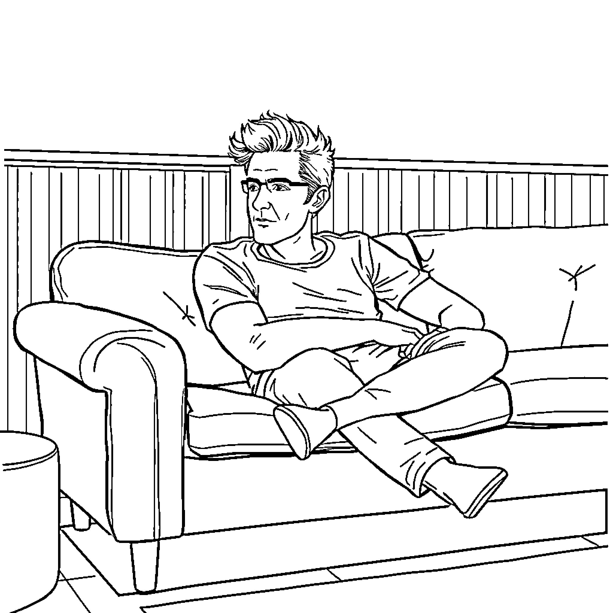 Diego Hargreaves relaxing on a sofa Coloring Page (free black-and-white line drawing printable PDF for all, from beginners to advanced learners, including children, teens, adults, and seniors)