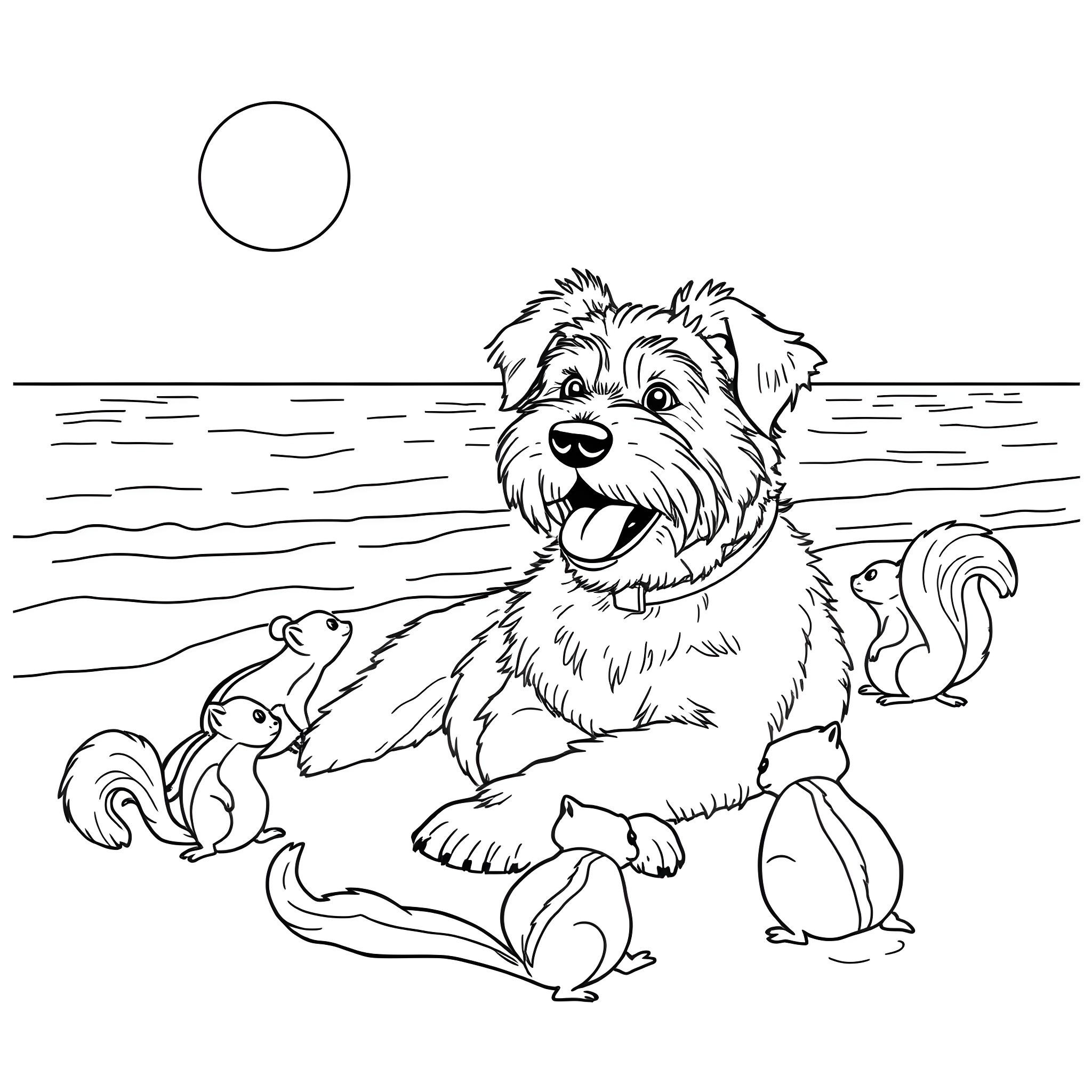 Duggie playing happily with squirrels and other animals Coloring Page (free black-and-white line drawing printable PDF for all, from beginners to advanced learners, including children, teens, adults, and seniors)