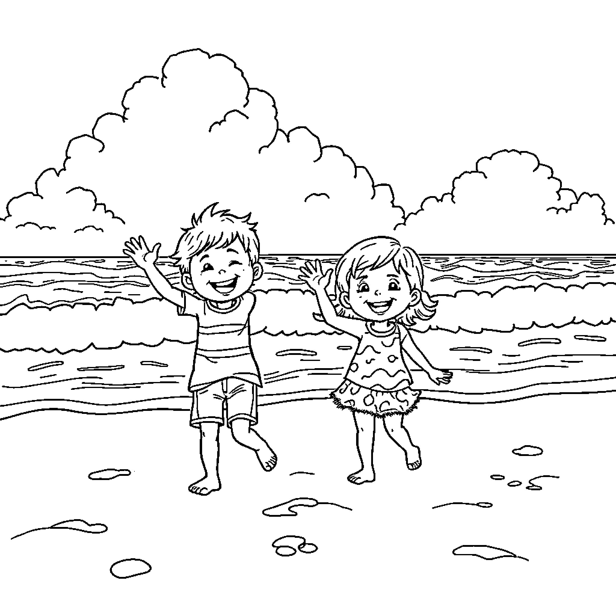 Kid friends playing joyfully at the beach Coloring Page (free black-and-white line drawing printable PDF for all, from beginners to advanced learners, including children, teens, adults, and seniors)