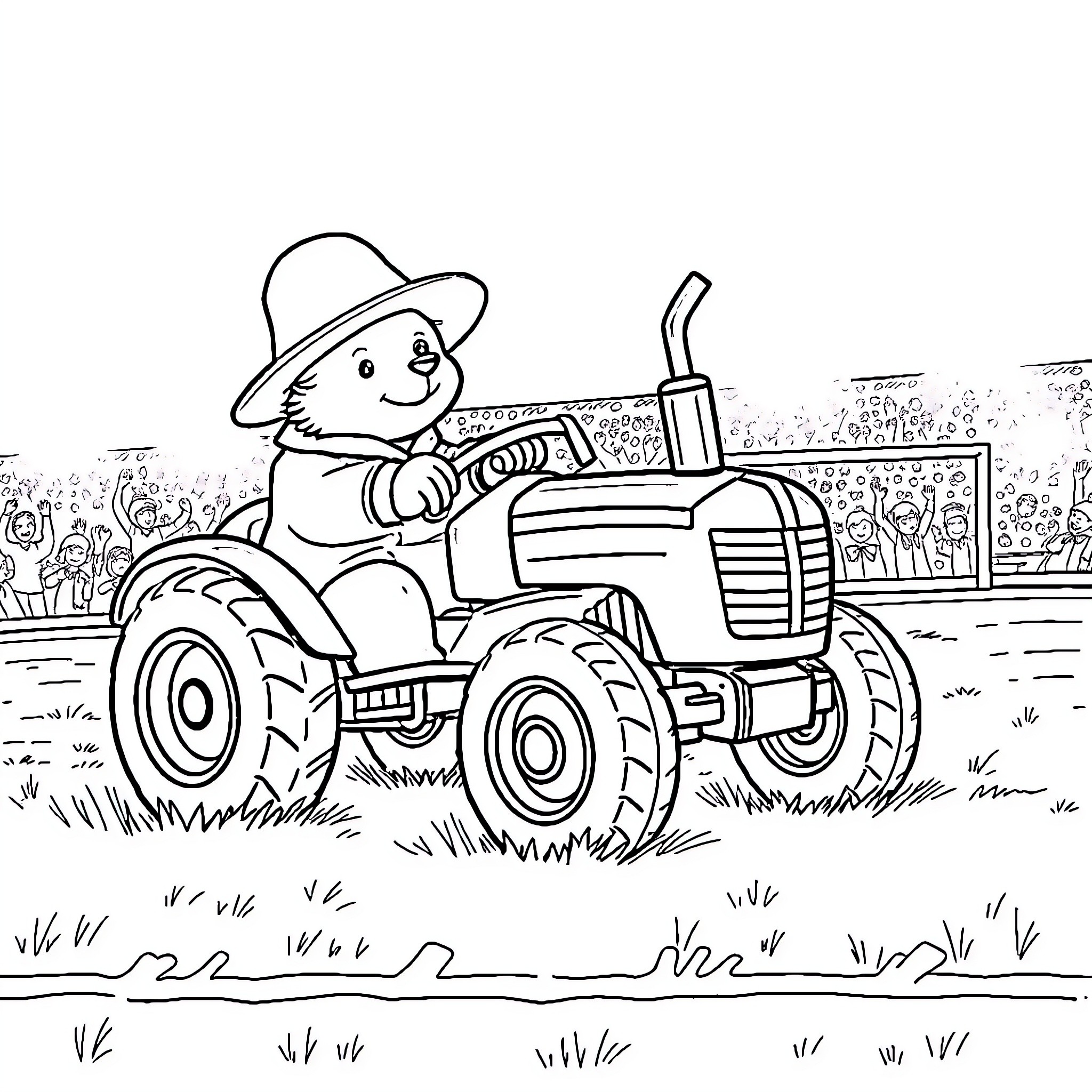Paddington Driving a Tractor in the Countryside Coloring Page (free black-and-white line drawing printable PDF for all, from beginners to advanced learners, including children, teens, adults, and seniors)