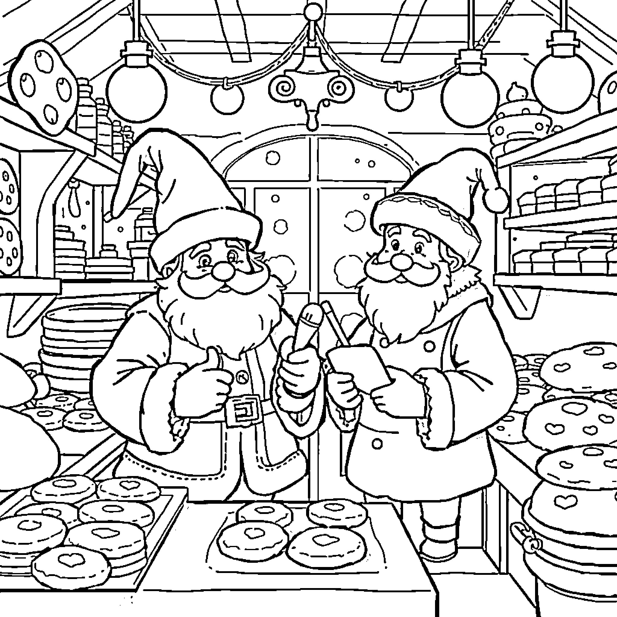 Sinterklaas and his assistant enjoying festive treats Coloring Page (free black-and-white line drawing printable PDF for all, from beginners to advanced learners, including children, teens, adults, and seniors)