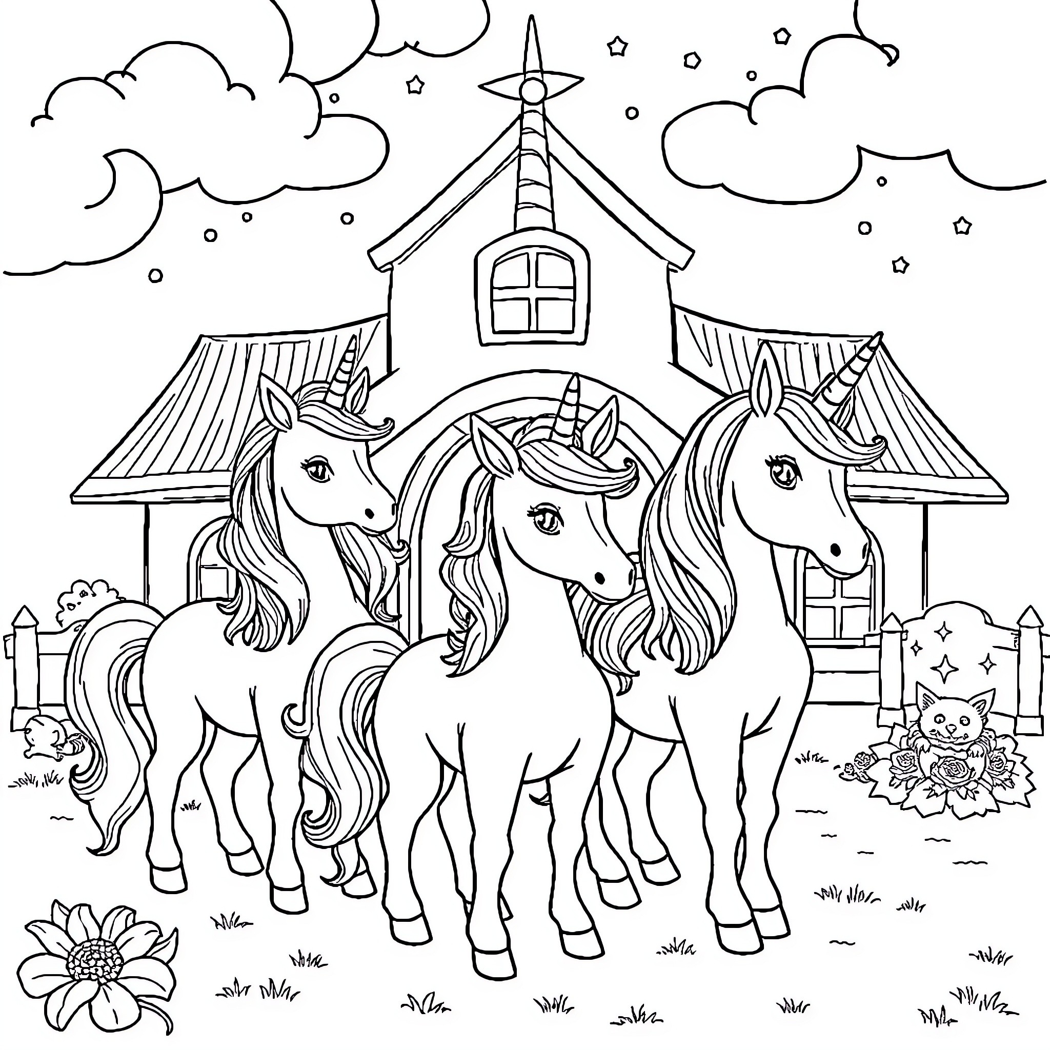 Unicorn Friends in a Magical Fairytale Scene Coloring Page (free black-and-white line drawing printable PDF for all, from beginners to advanced learners, including children, teens, adults, and seniors)