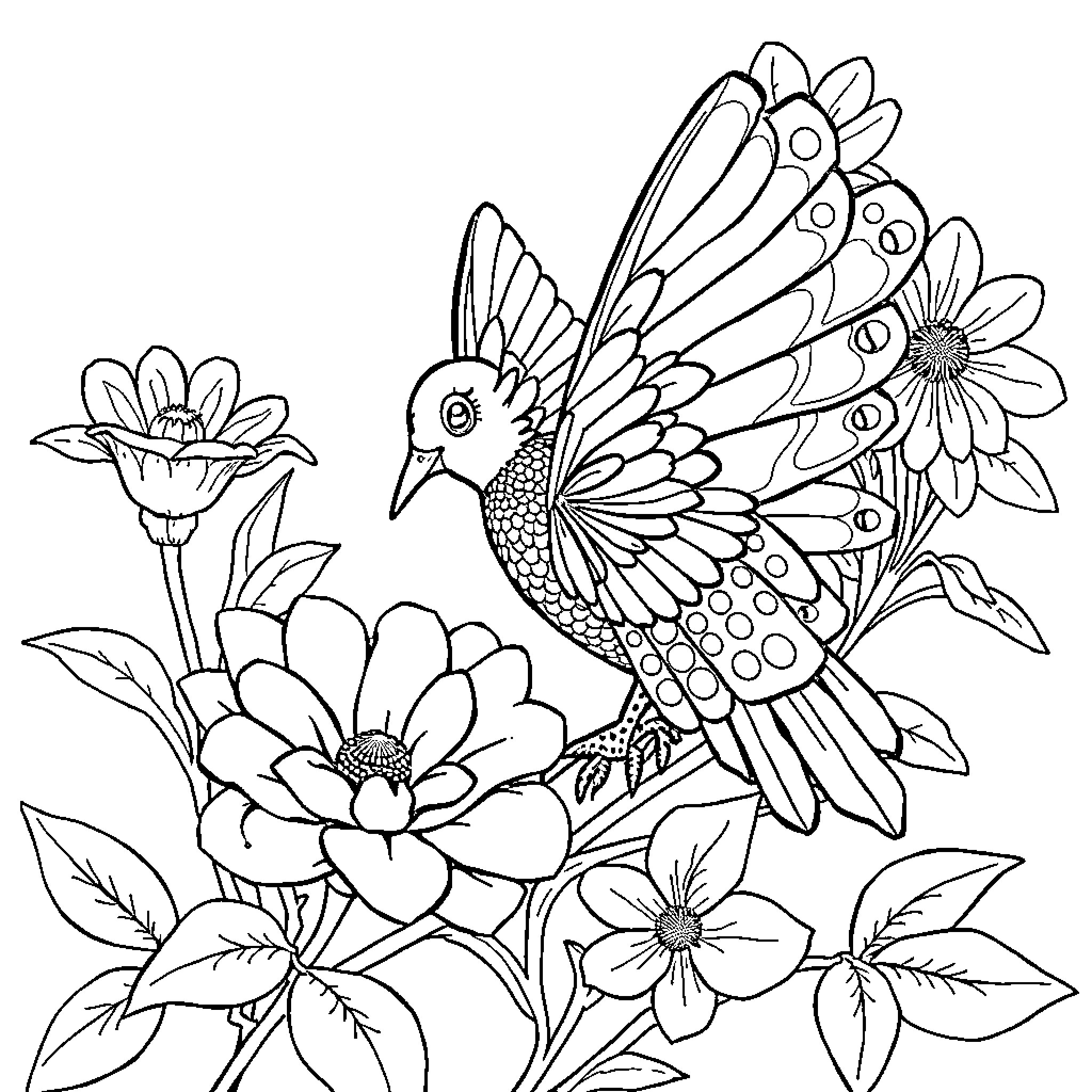 Kraina Lodu: Vibrant bird amidst floral splendor Coloring Page (free black-and-white line drawing printable PDF for all, from beginners to advanced learners, including children, teens, adults, and seniors)