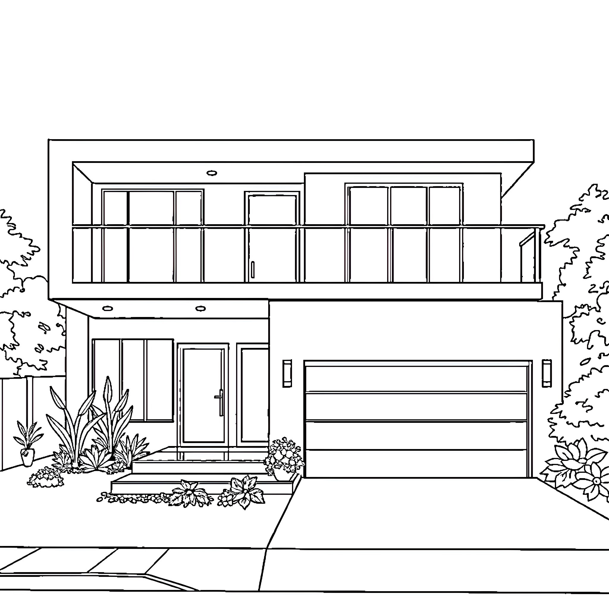 House with modern architectural design Coloring Page (free black-and-white line drawing printable PDF for all, from beginners to advanced learners, including children, teens, adults, and seniors)