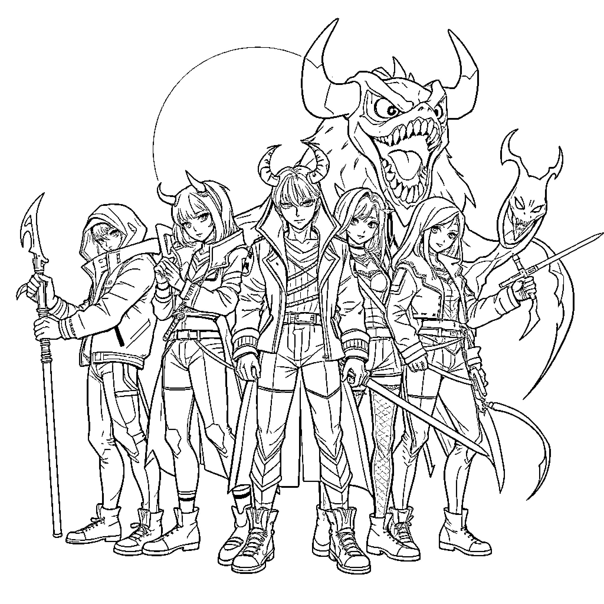 Demon Hunter Squad on Supernatural Mission Coloring Page (free black-and-white line drawing printable PDF for all, from beginners to advanced learners, including children, teens, adults, and seniors)