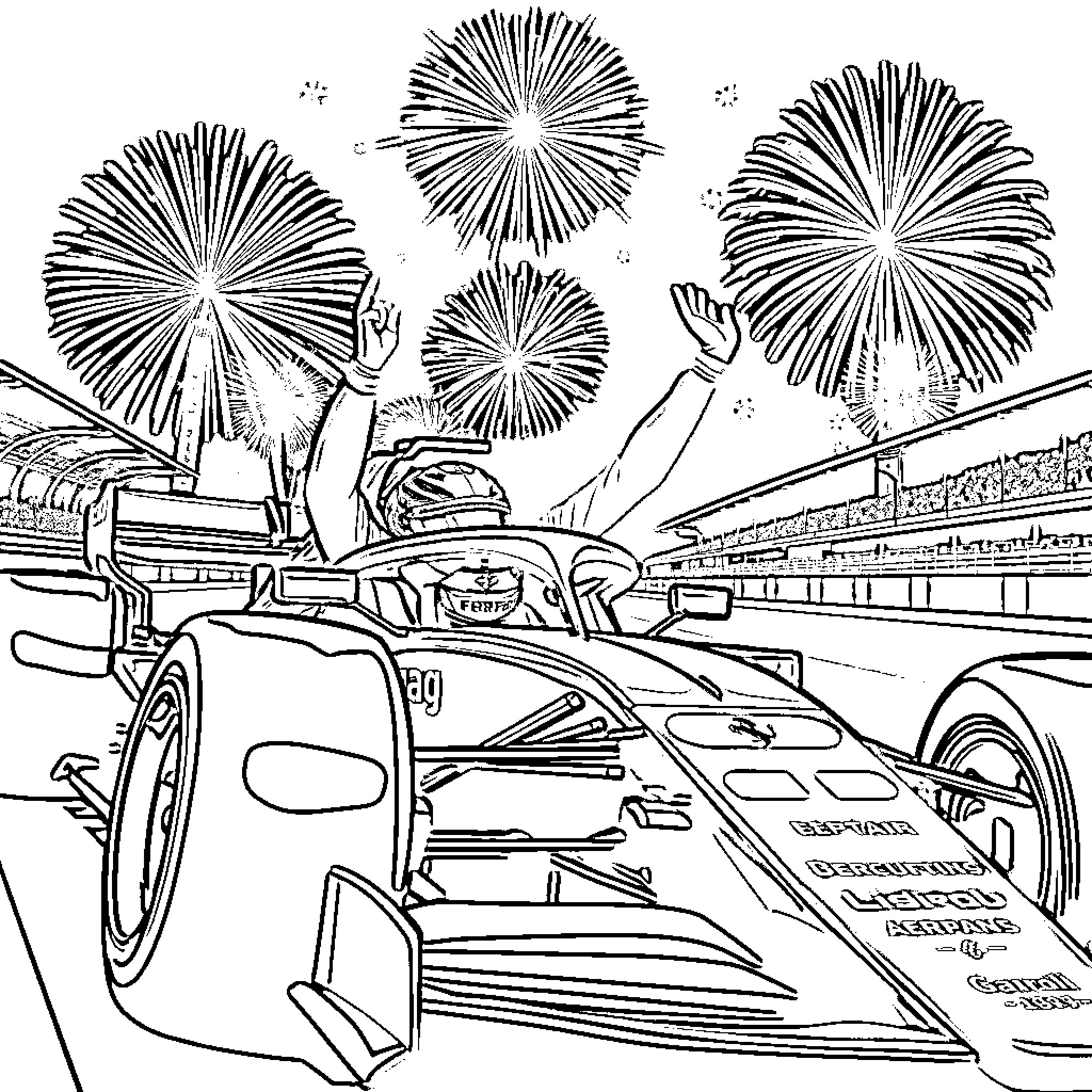 Charles Leclerc racing amidst fireworks display Coloring Page (free black-and-white line drawing printable PDF for all, from beginners to advanced learners, including children, teens, adults, and seniors)