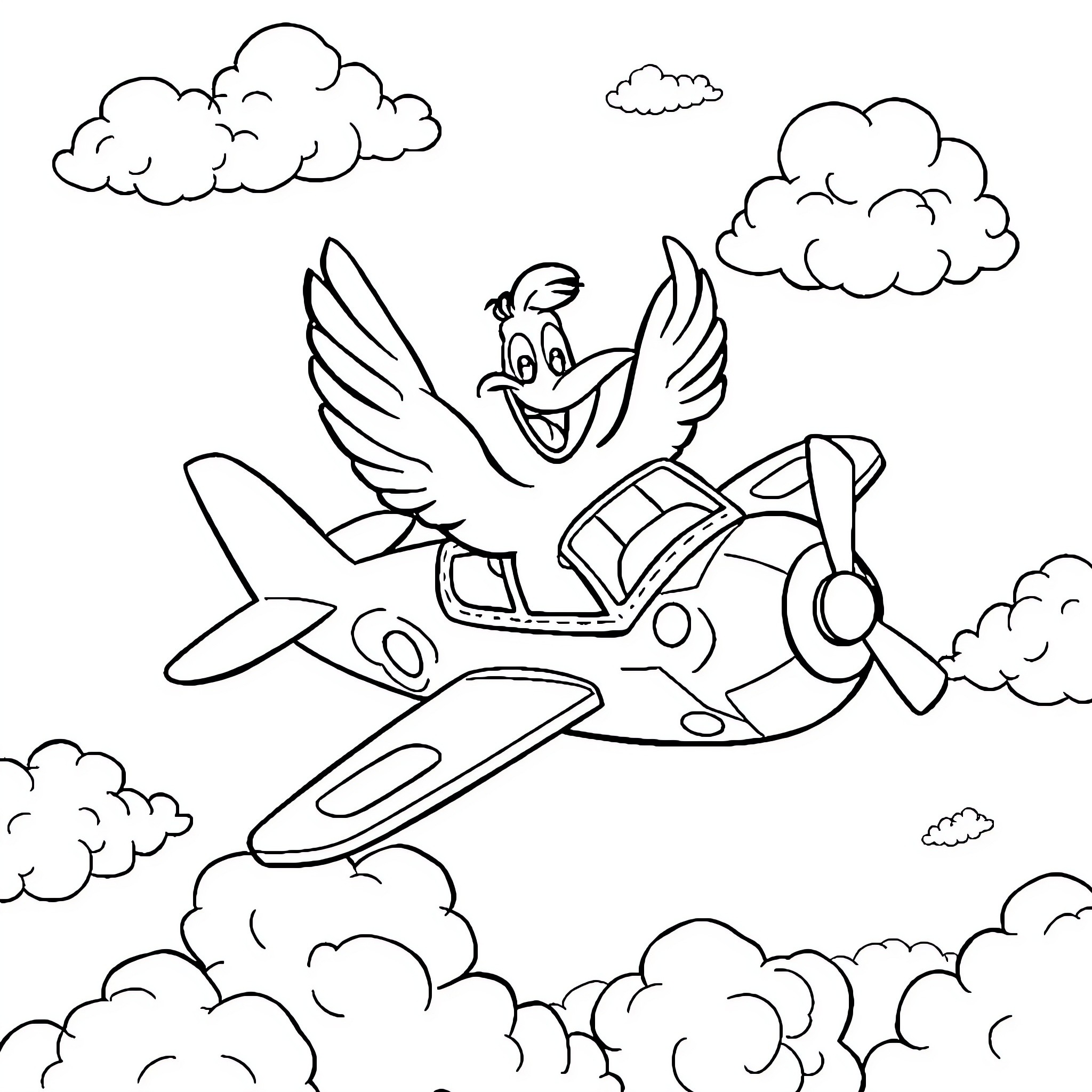 Condorito flying a propeller plane in the clouds Coloring Page (free black-and-white line drawing printable PDF for all, from beginners to advanced learners, including children, teens, adults, and seniors)