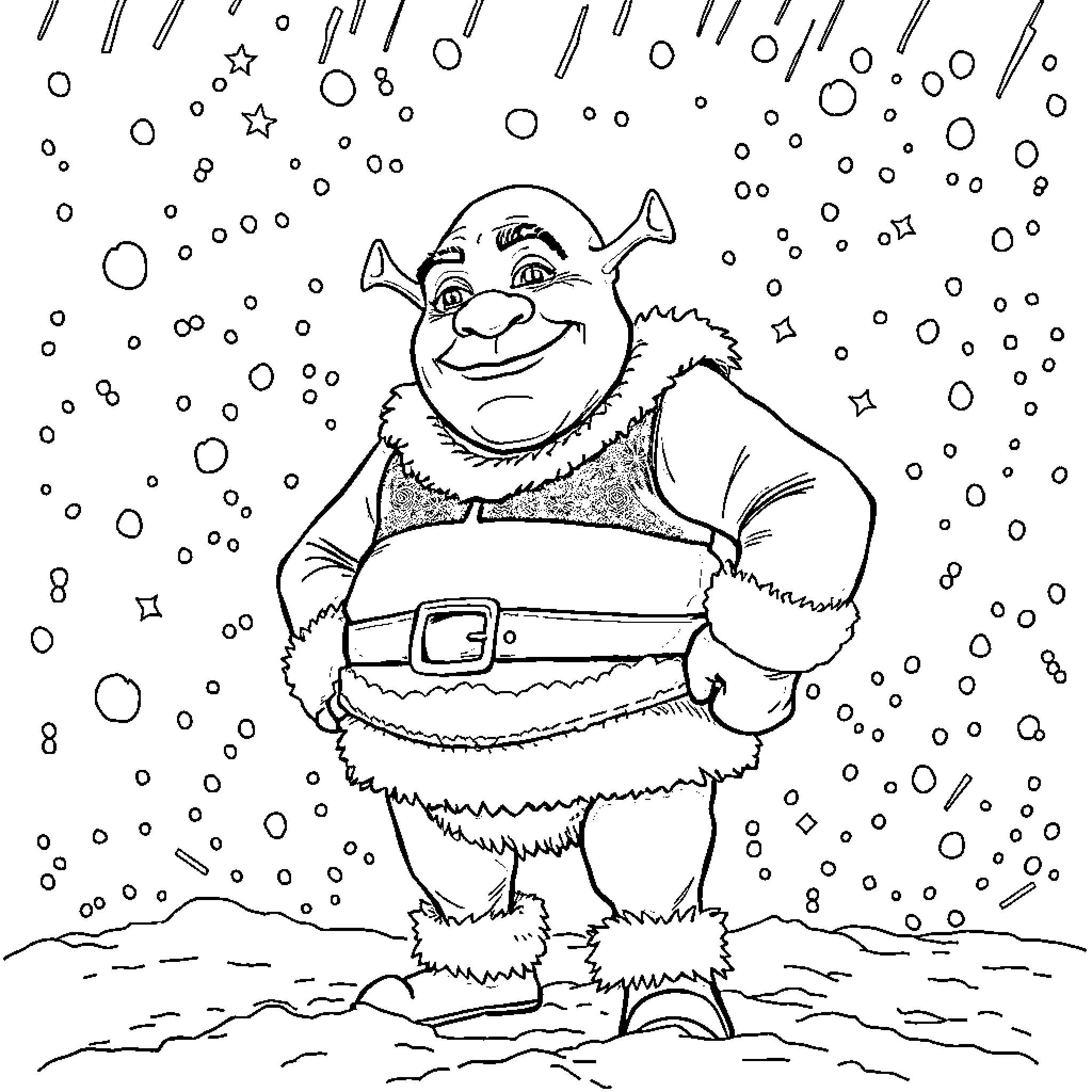 Shrek playing in the snowy winter wonderland Coloring Page (free black-and-white line drawing printable PDF for all, from beginners to advanced learners, including children, teens, adults, and seniors)