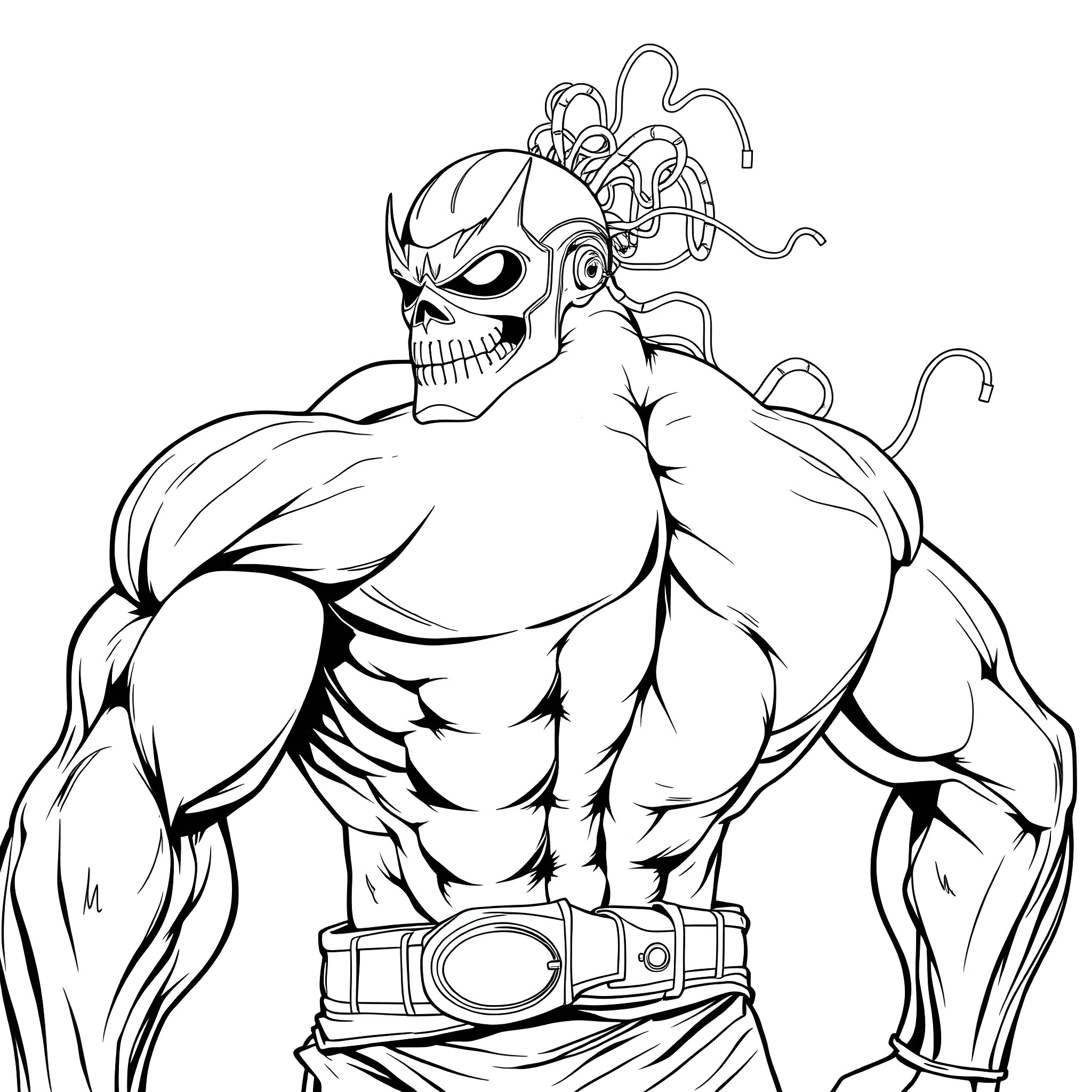 Hulk-inspired muscular figure with a skull-like face Coloring Page (free black-and-white line drawing printable PDF for all, from beginners to advanced learners, including children, teens, adults, and seniors)