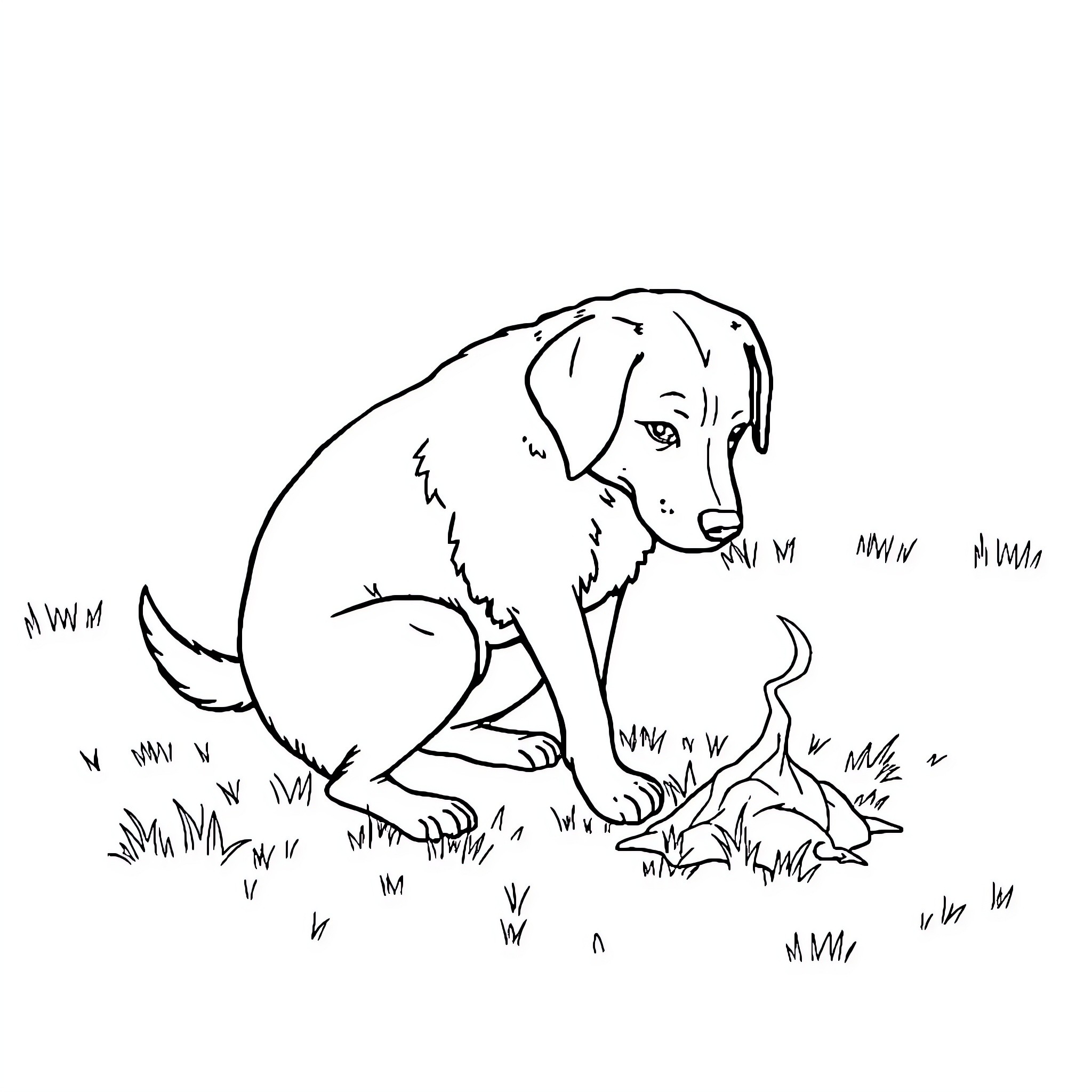 Dog exploring the outdoors on a grassy field Coloring Page (free black-and-white line drawing printable PDF for all, from beginners to advanced learners, including children, teens, adults, and seniors)