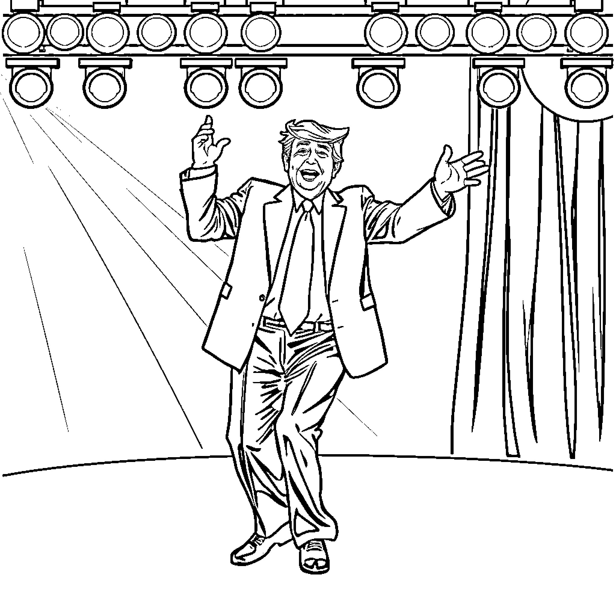 Trump Performing Energetically on Stage Coloring Page (free black-and-white line drawing printable PDF for all, from beginners to advanced learners, including children, teens, adults, and seniors)
