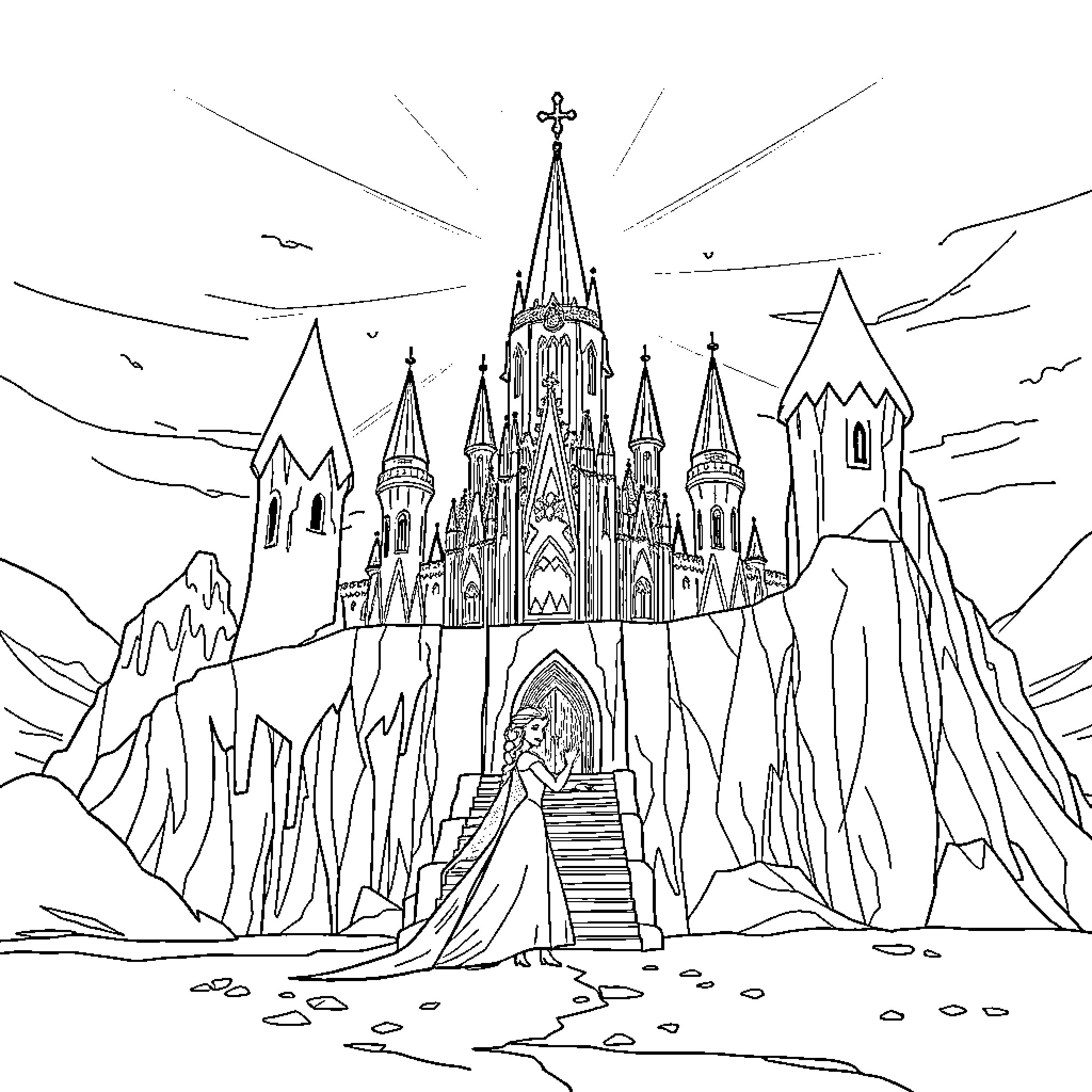 Elsa's Enchanted Ice Castle in the Snowy Mountains Coloring Page (free black-and-white line drawing printable PDF for all, from beginners to advanced learners, including children, teens, adults, and seniors)
