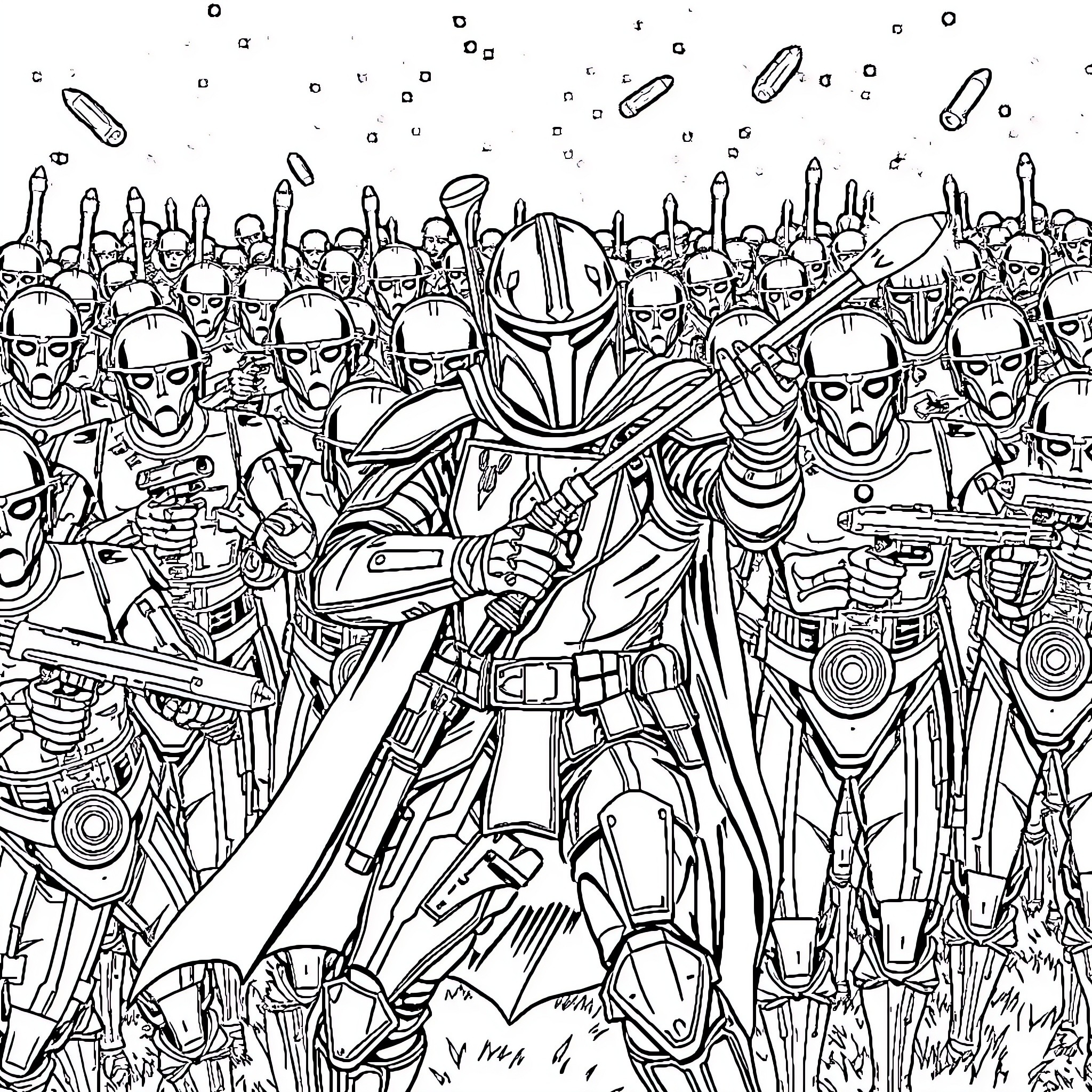 Mandalorian warrior leading army of droids and soldiers Coloring Page (free black-and-white line drawing printable PDF for all, from beginners to advanced learners, including children, teens, adults, and seniors)
