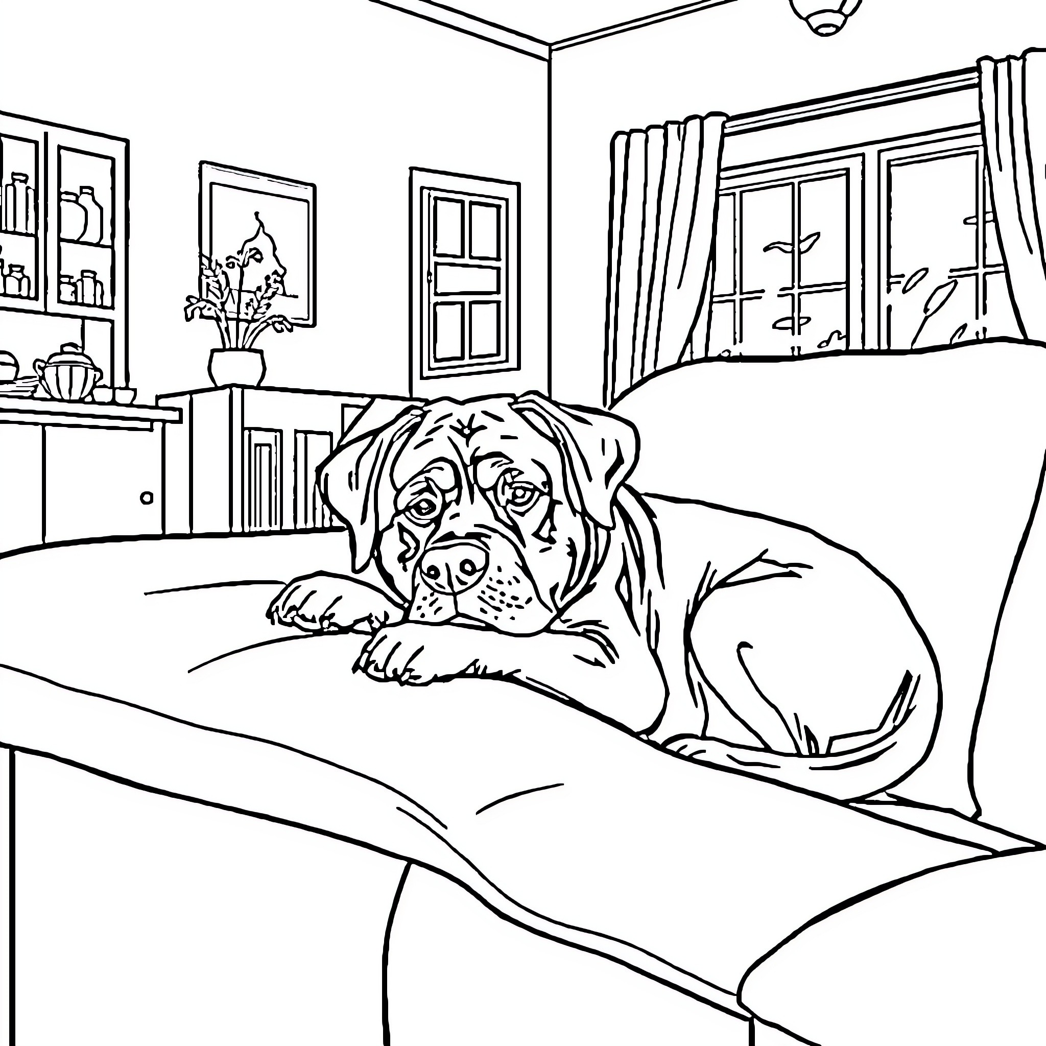 Rottweiler relaxing on a couch in a comfortable room Coloring Page (free black-and-white line drawing printable PDF for all, from beginners to advanced learners, including children, teens, adults, and seniors)