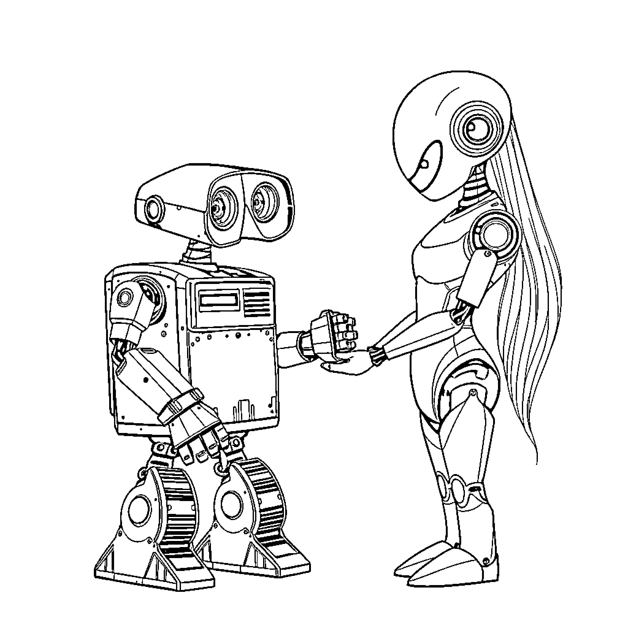 Wall-E and female robot chatting Coloring Page (free black-and-white line drawing printable PDF for all, from beginners to advanced learners, including children, teens, adults, and seniors)