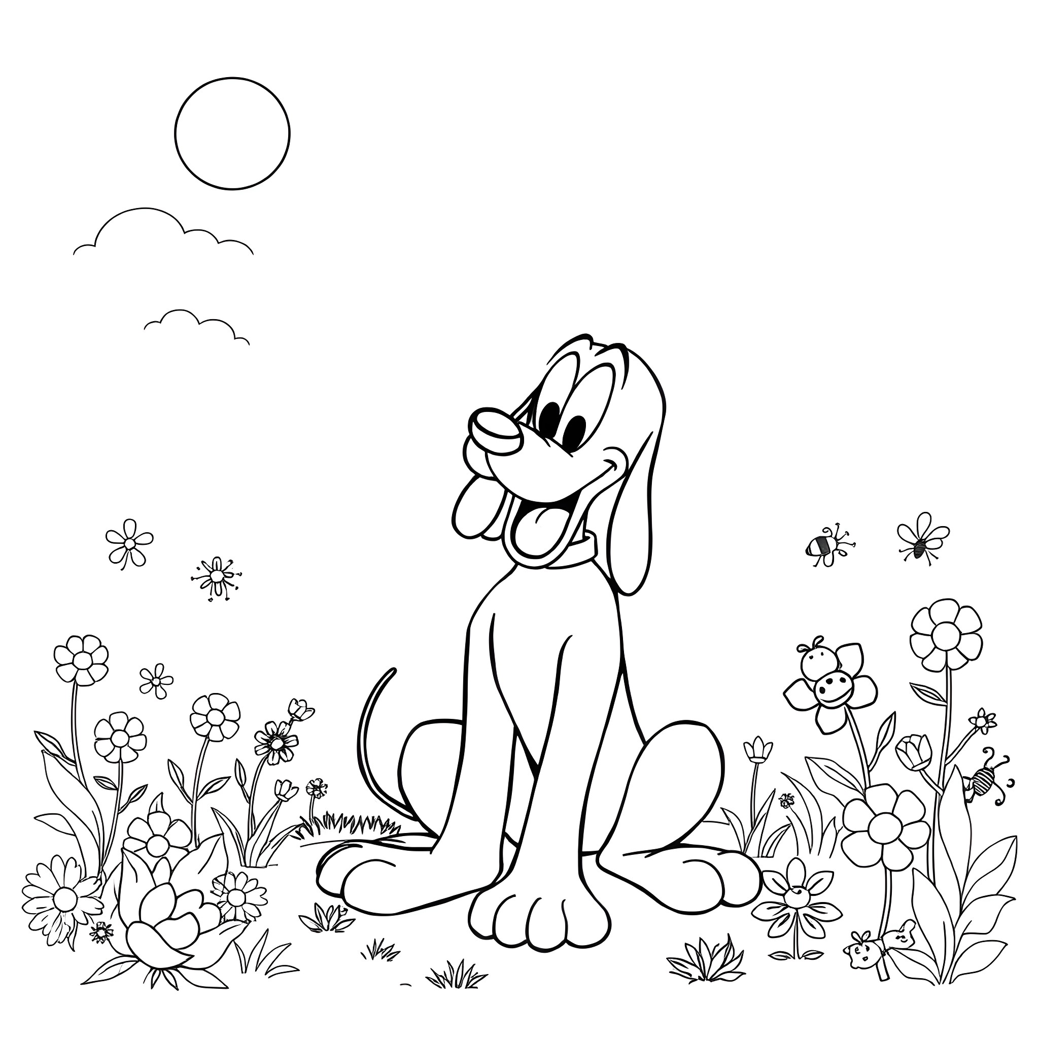 Pluto enjoying the flowers in nature Coloring Page (free black-and-white line drawing printable PDF for all, from beginners to advanced learners, including children, teens, adults, and seniors)