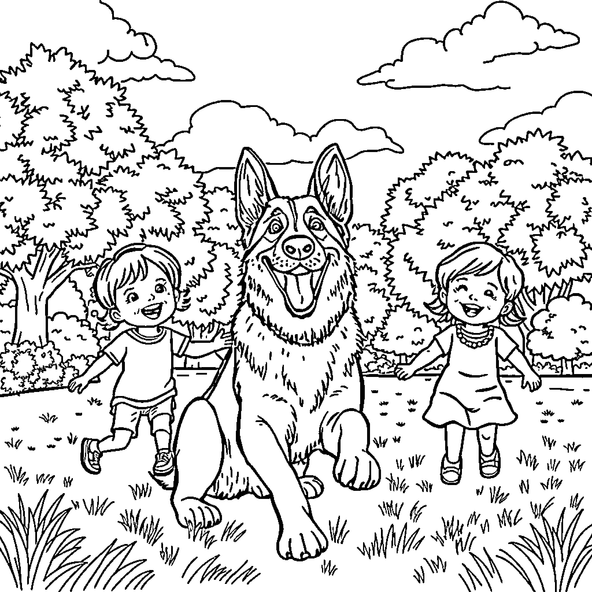 German Shepherd playing with children in the park Coloring Page (free black-and-white line drawing printable PDF for all, from beginners to advanced learners, including children, teens, adults, and seniors)