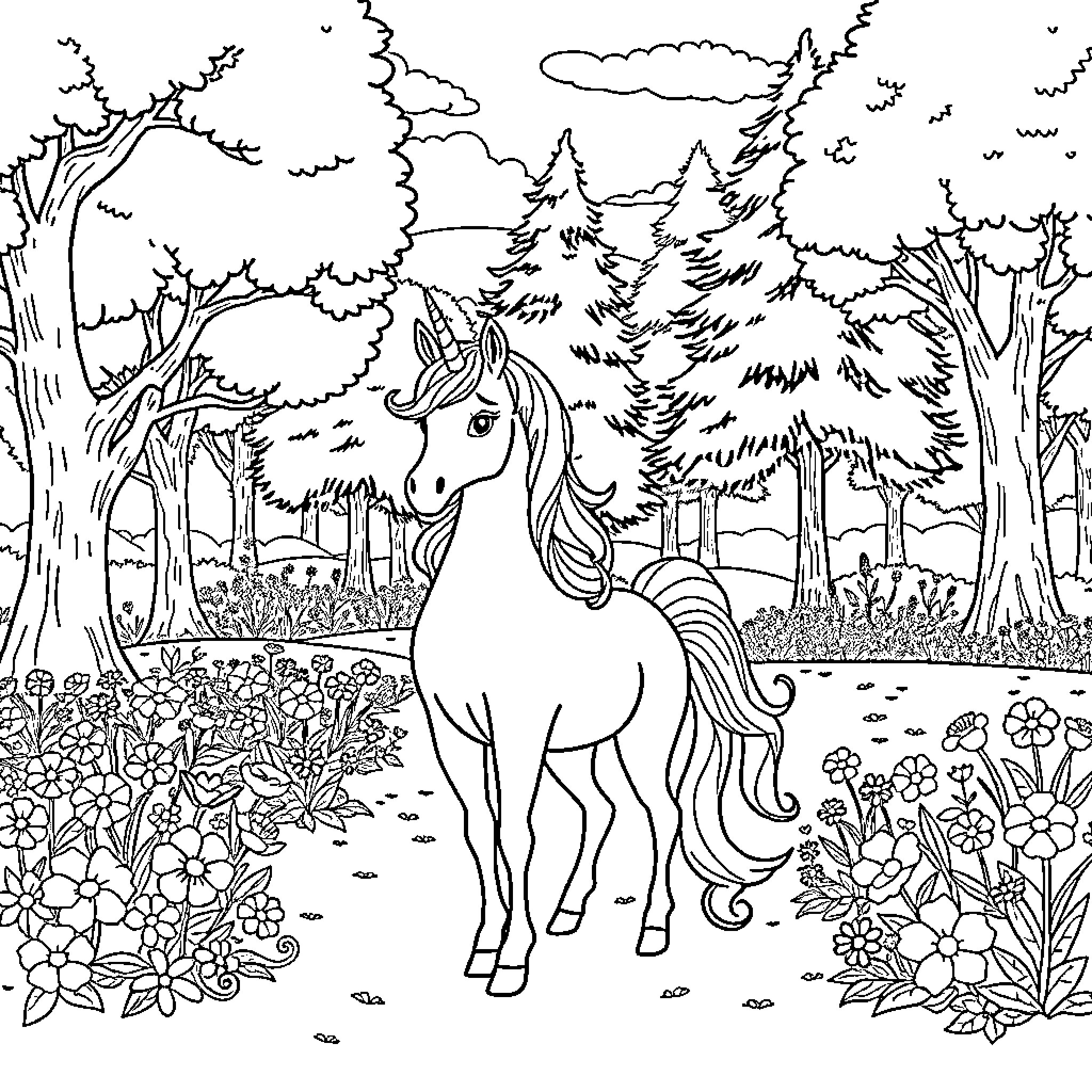 Unicorn exploring magical forest Coloring Page (free black-and-white line drawing printable PDF for all, from beginners to advanced learners, including children, teens, adults, and seniors)