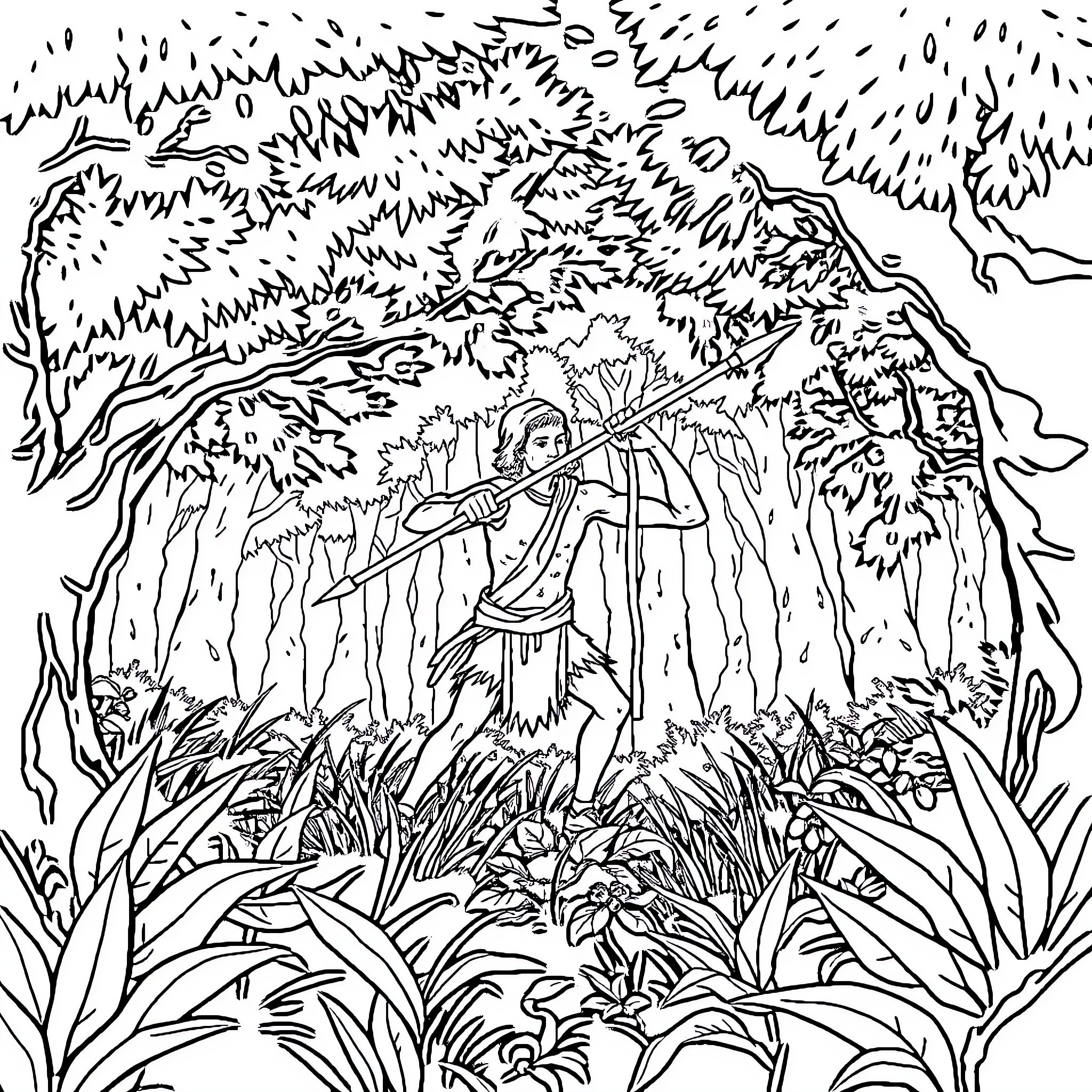 Homme in forest with bow and arrow Coloring Page (free black-and-white line drawing printable PDF for all, from beginners to advanced learners, including children, teens, adults, and seniors)
