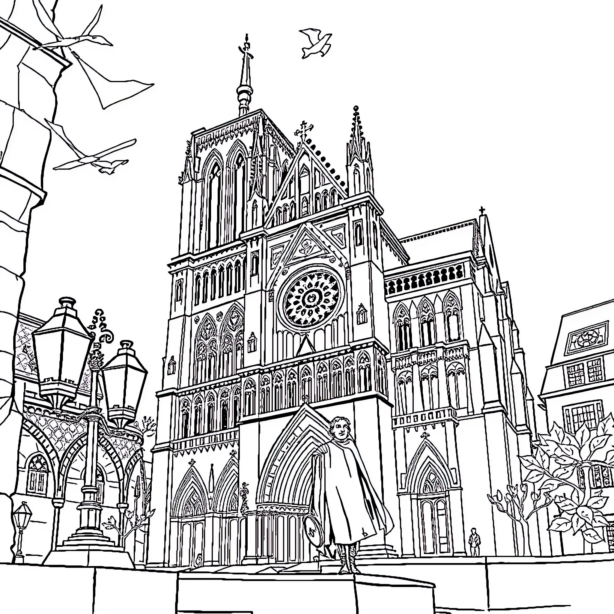 Hunchback outside the majestic Gothic cathedral Coloring Page (free black-and-white line drawing printable PDF for all, from beginners to advanced learners, including children, teens, adults, and seniors)