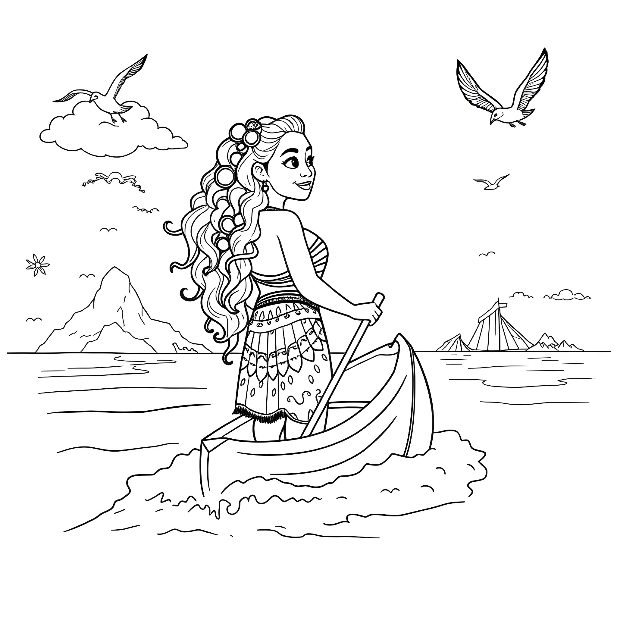 Moana paddling her boat through the ocean Coloring Page (free black-and-white line drawing printable PDF for all, from beginners to advanced learners, including children, teens, adults, and seniors)
