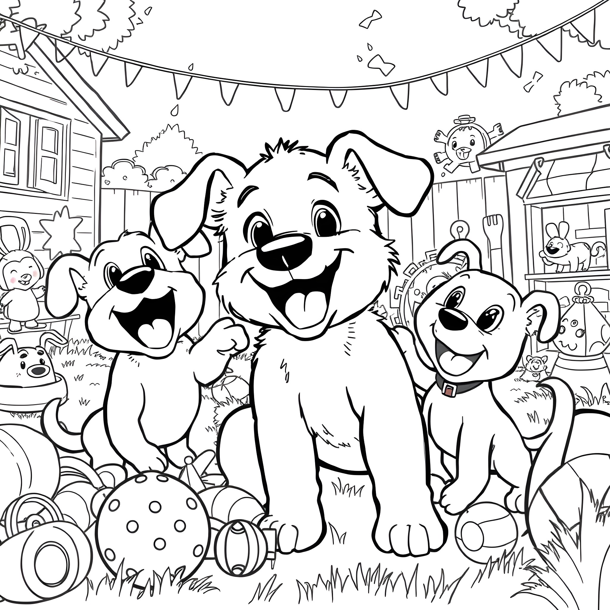 Bluey and Bingo's Backyard Adventure Coloring Page (free black-and-white line drawing printable PDF for all, from beginners to advanced learners, including children, teens, adults, and seniors)