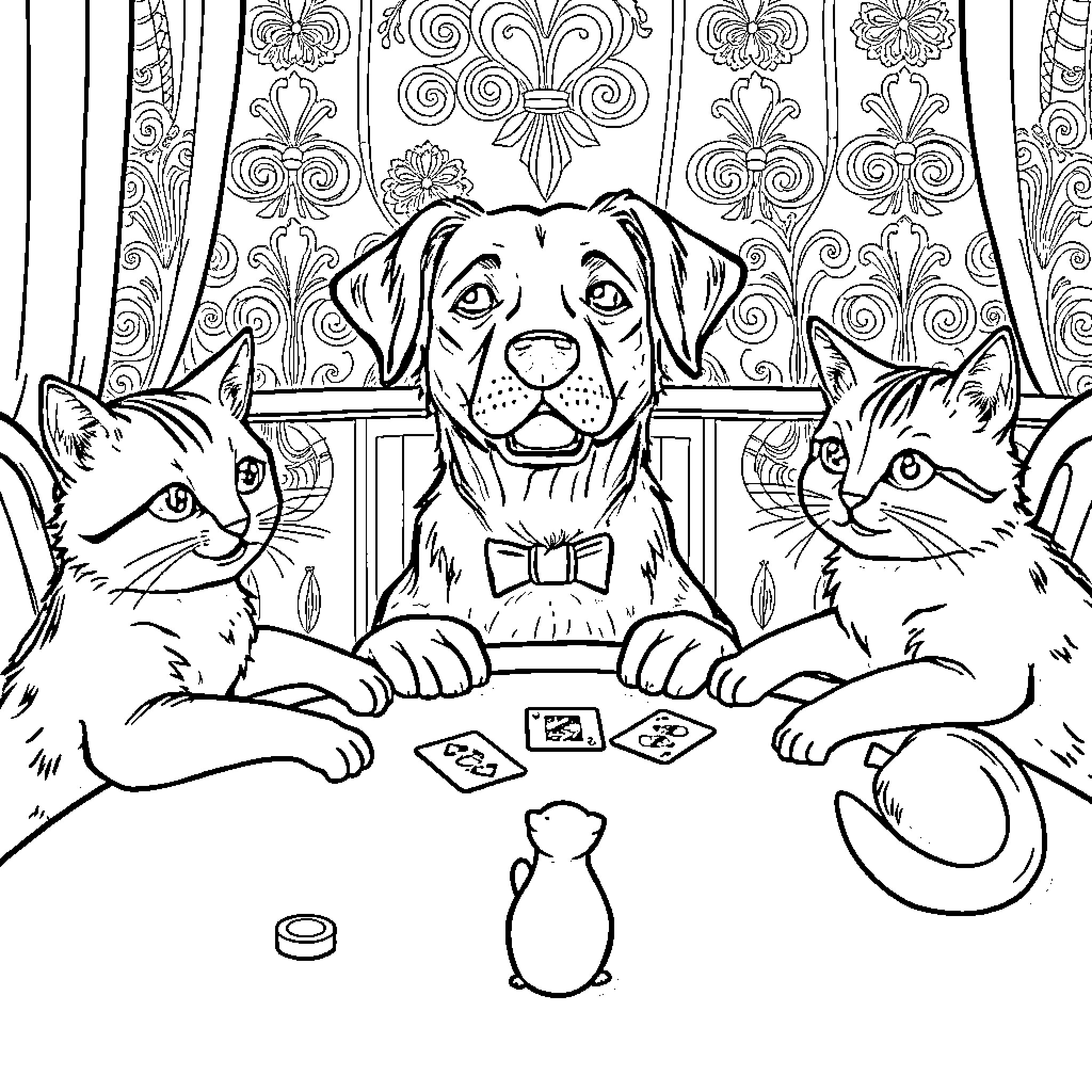 Dog and Cats Playing Cards Together Coloring Page (free black-and-white line drawing printable PDF for all, from beginners to advanced learners, including children, teens, adults, and seniors)