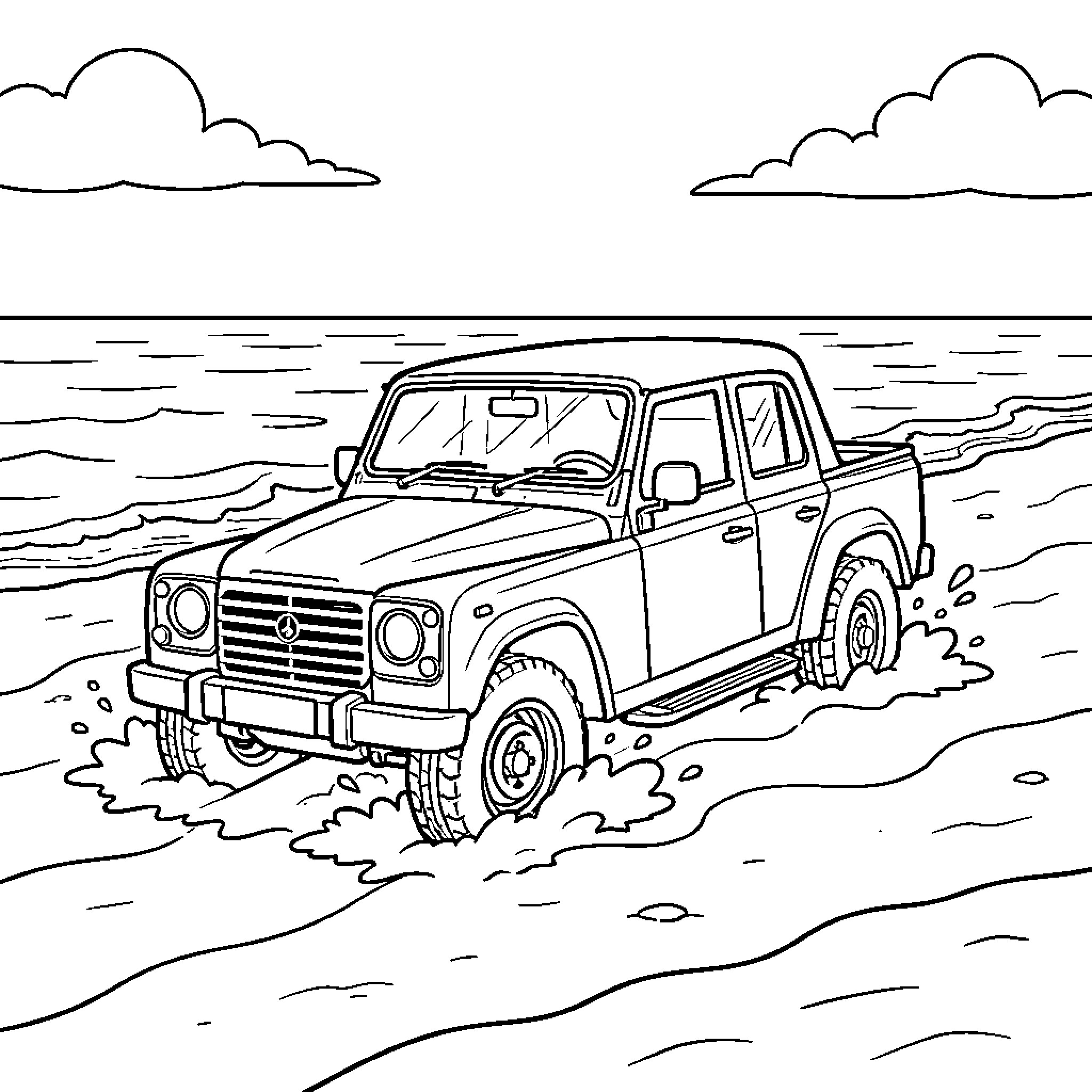 Car driving through waves on a sandy beach Coloring Page (free black-and-white line drawing printable PDF for all, from beginners to advanced learners, including children, teens, adults, and seniors)