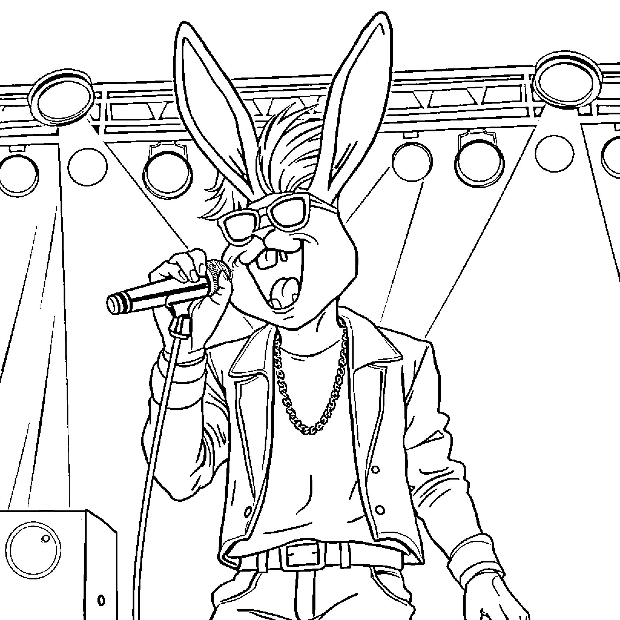 Bad Bunny Performing on Stage Coloring Page (free black-and-white line drawing printable PDF for all, from beginners to advanced learners, including children, teens, adults, and seniors)