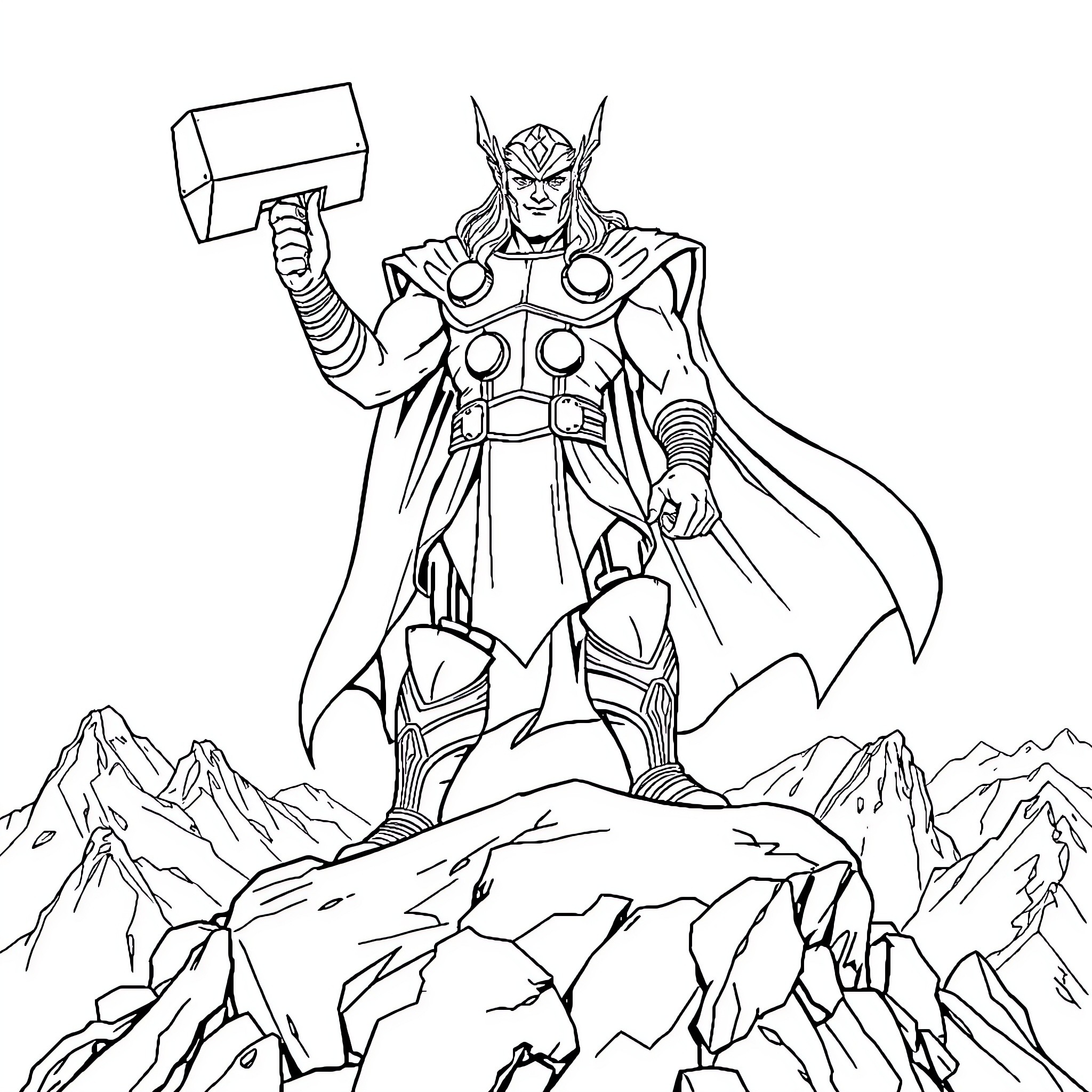 Thor Wielding Mighty Hammer Atop Rugged Mountains Coloring Page (free black-and-white line drawing printable PDF for all, from beginners to advanced learners, including children, teens, adults, and seniors)