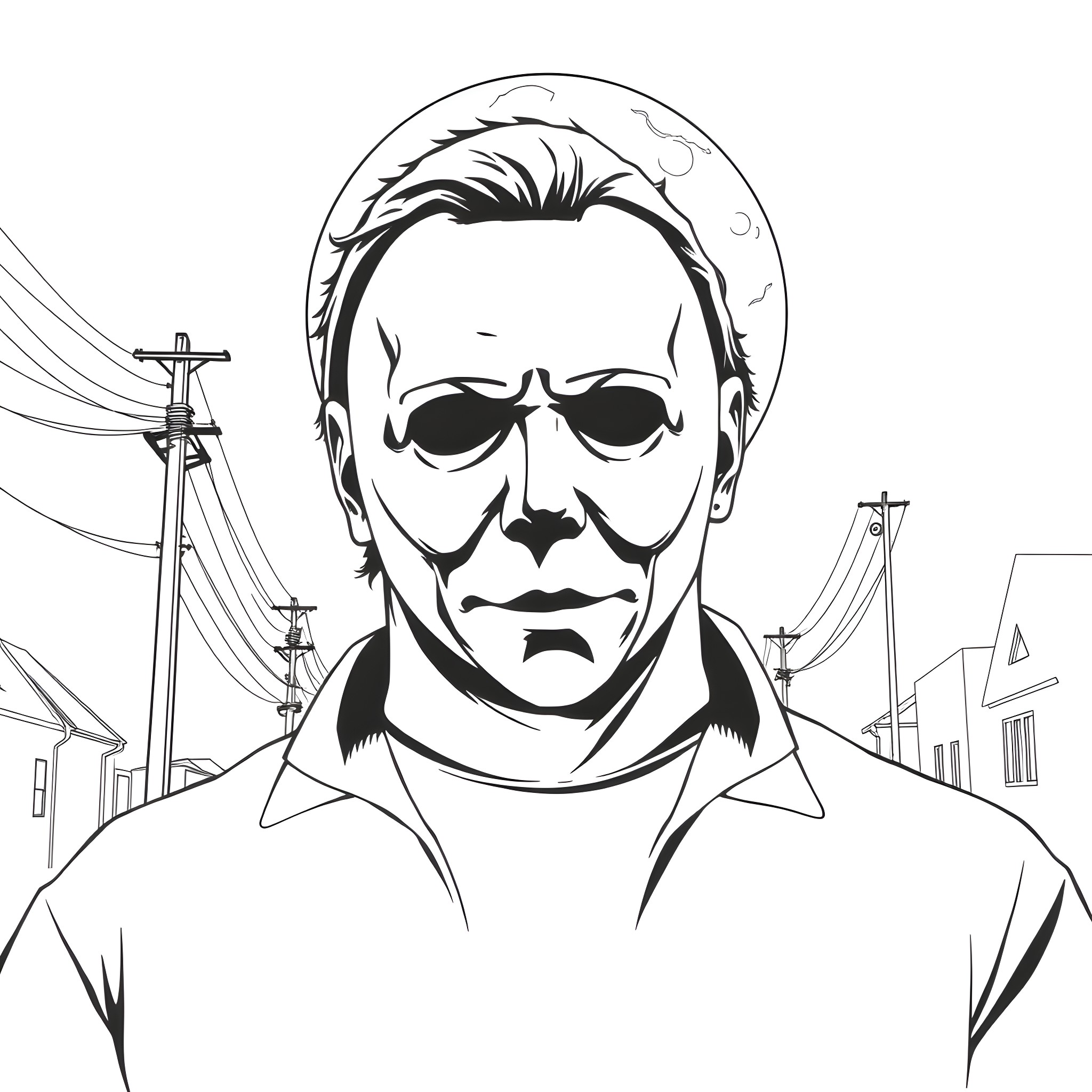 Michael Myers: The Iconic Villain in Action Coloring Page (free black-and-white line drawing printable PDF for all, from beginners to advanced learners, including children, teens, adults, and seniors)