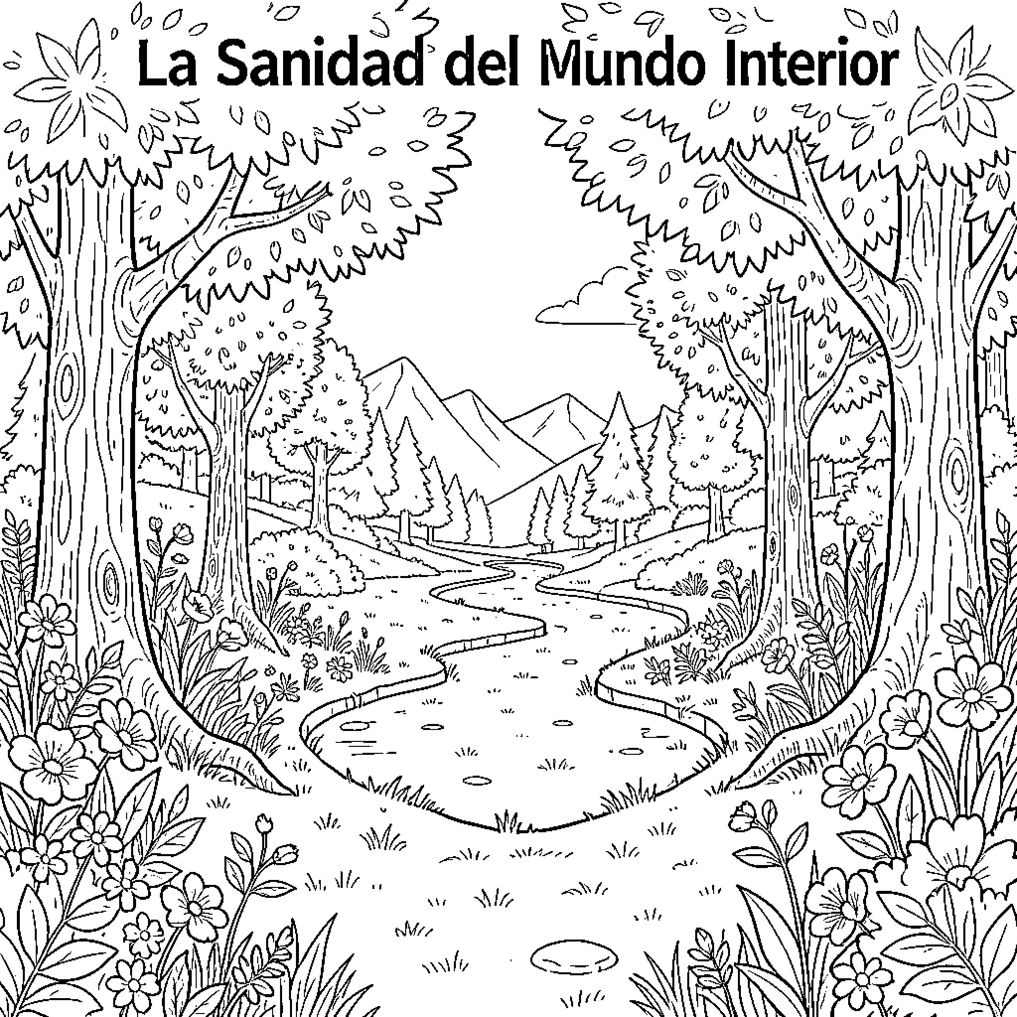 Interior World of Nature's Tranquility Coloring Page (free black-and-white line drawing printable PDF for all, from beginners to advanced learners, including children, teens, adults, and seniors)