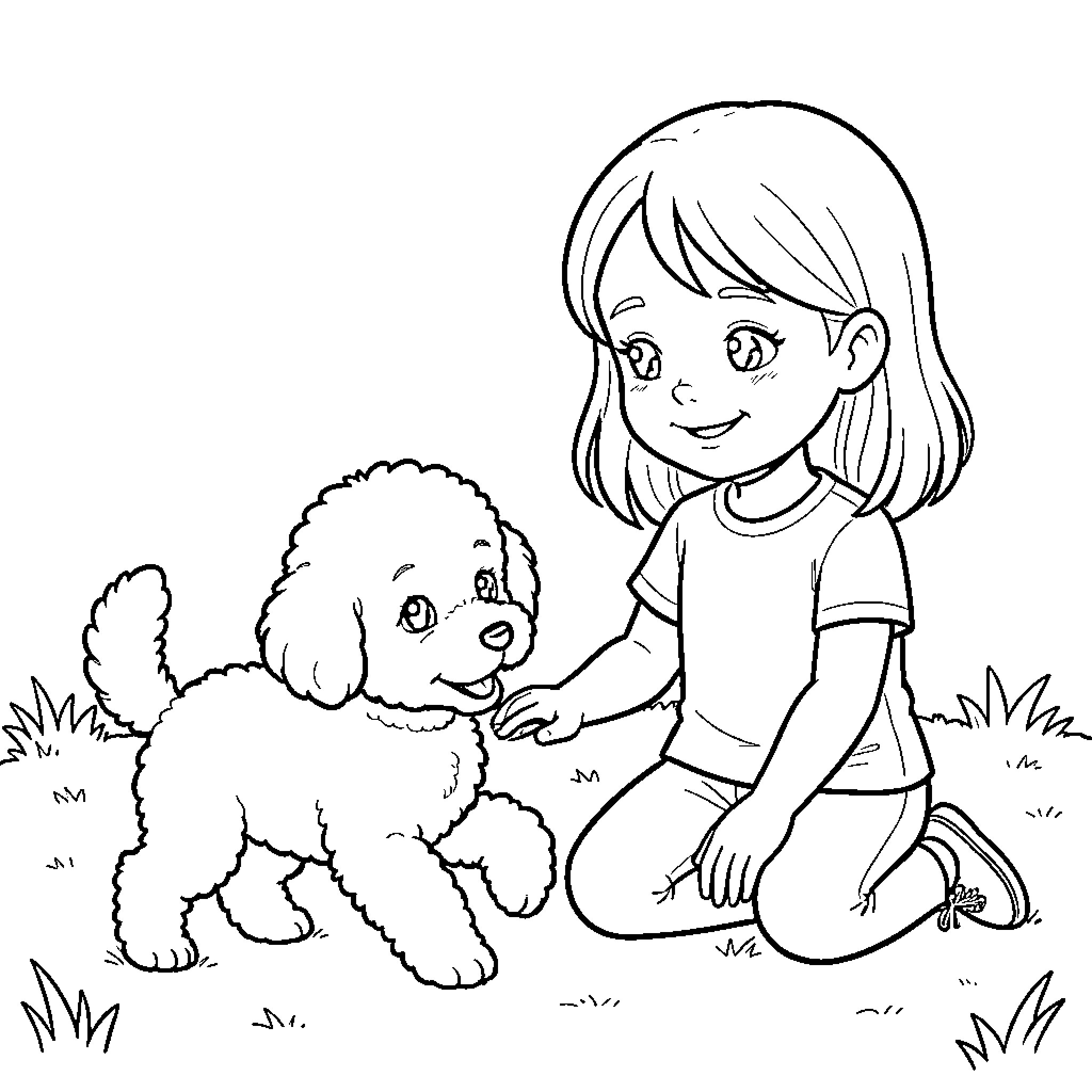 Poodle and Girl Enjoying Outdoor Adventure Coloring Page (free black-and-white line drawing printable PDF for all, from beginners to advanced learners, including children, teens, adults, and seniors)