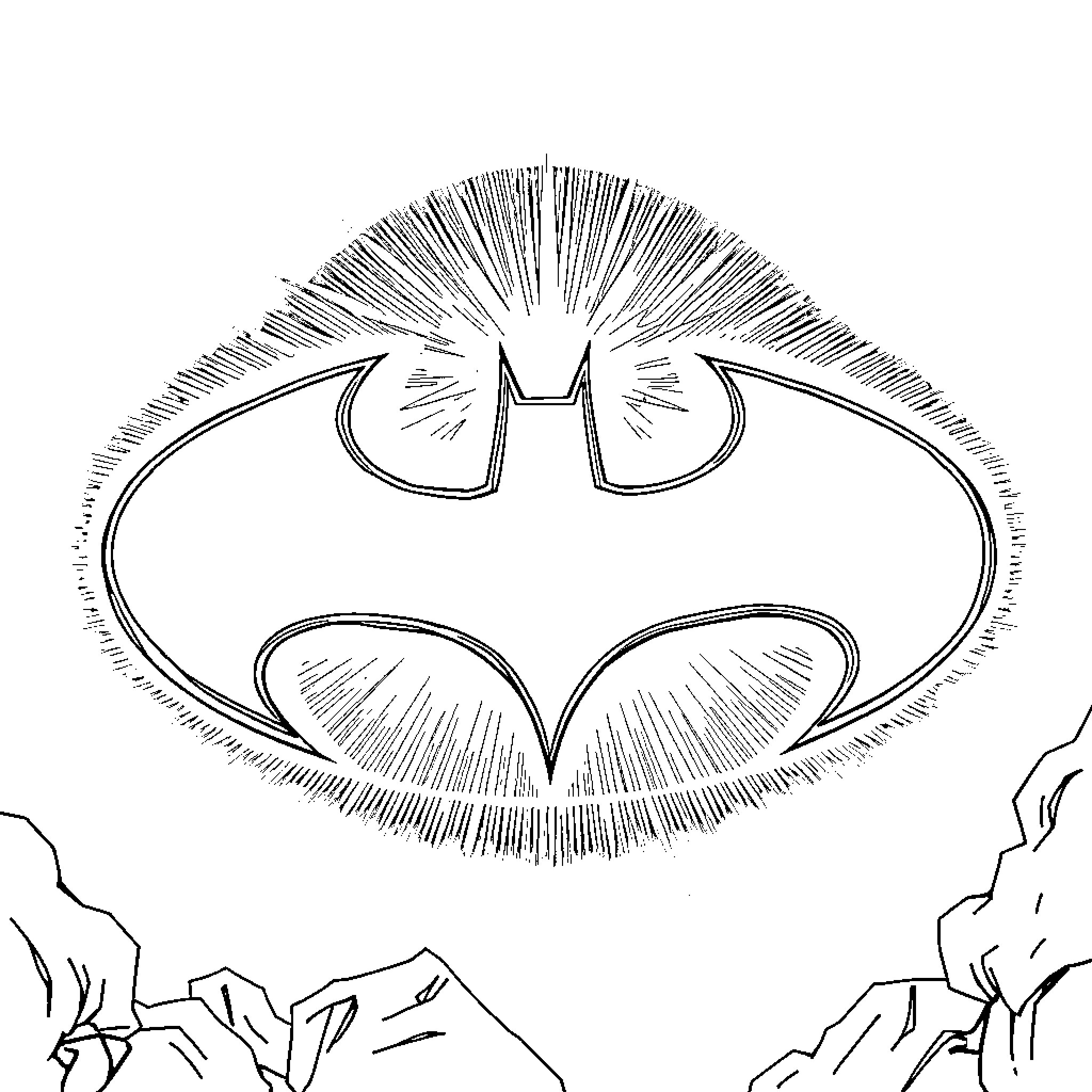 Batman symbol shining brightly in the night sky Coloring Page (free black-and-white line drawing printable PDF for all, from beginners to advanced learners, including children, teens, adults, and seniors)