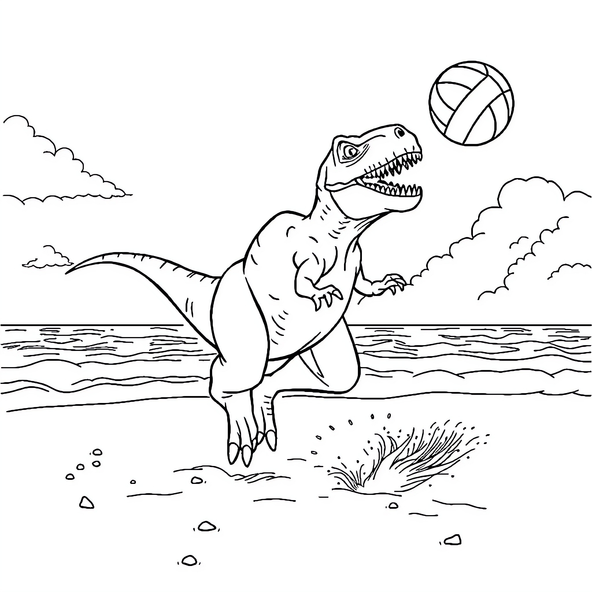 T-Rex Playing with Volleyball on the Beach Coloring Page (free black-and-white line drawing printable PDF for all, from beginners to advanced learners, including children, teens, adults, and seniors)
