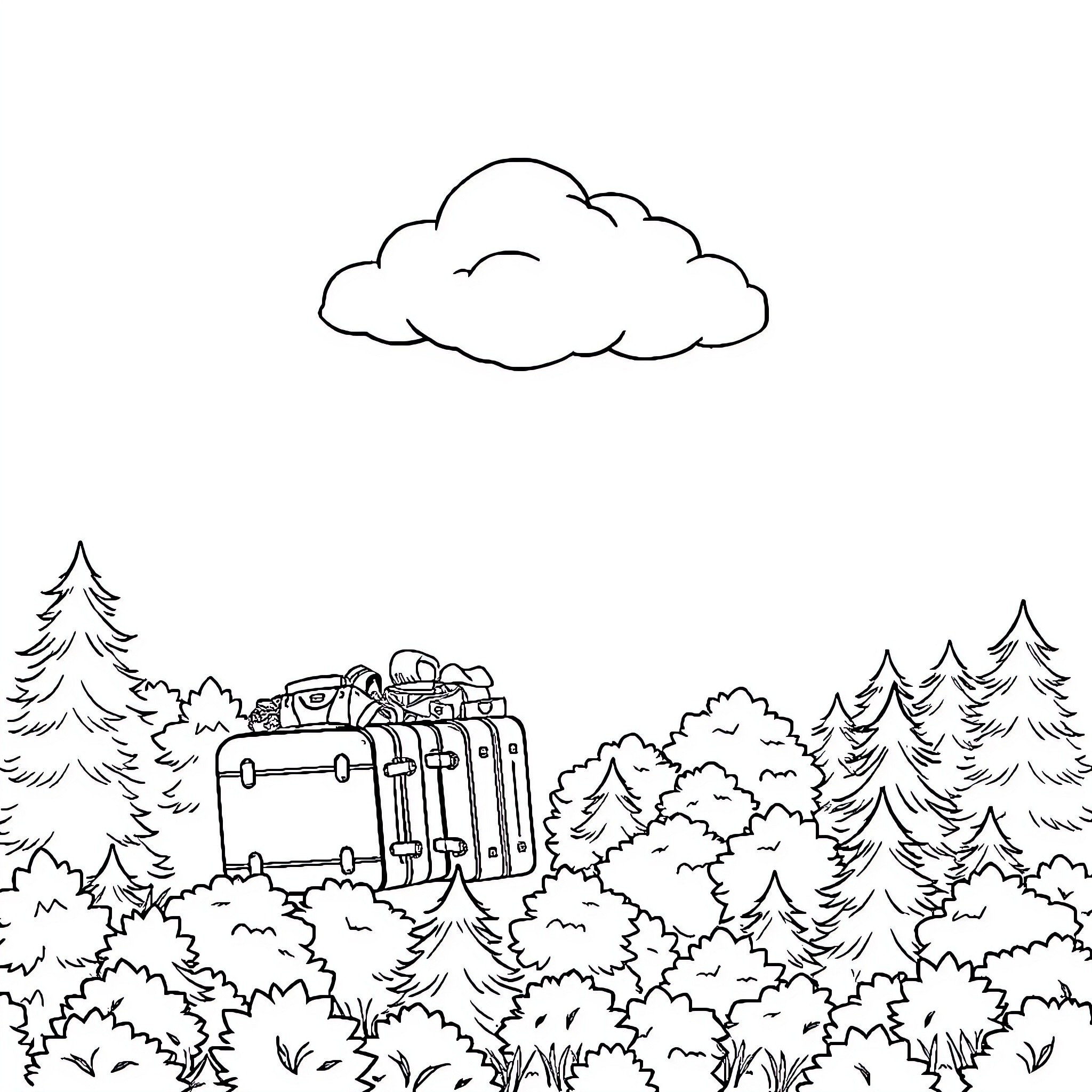 Cloud-covered adventure in the wilderness Coloring Page (free black-and-white line drawing printable PDF for all, from beginners to advanced learners, including children, teens, adults, and seniors)
