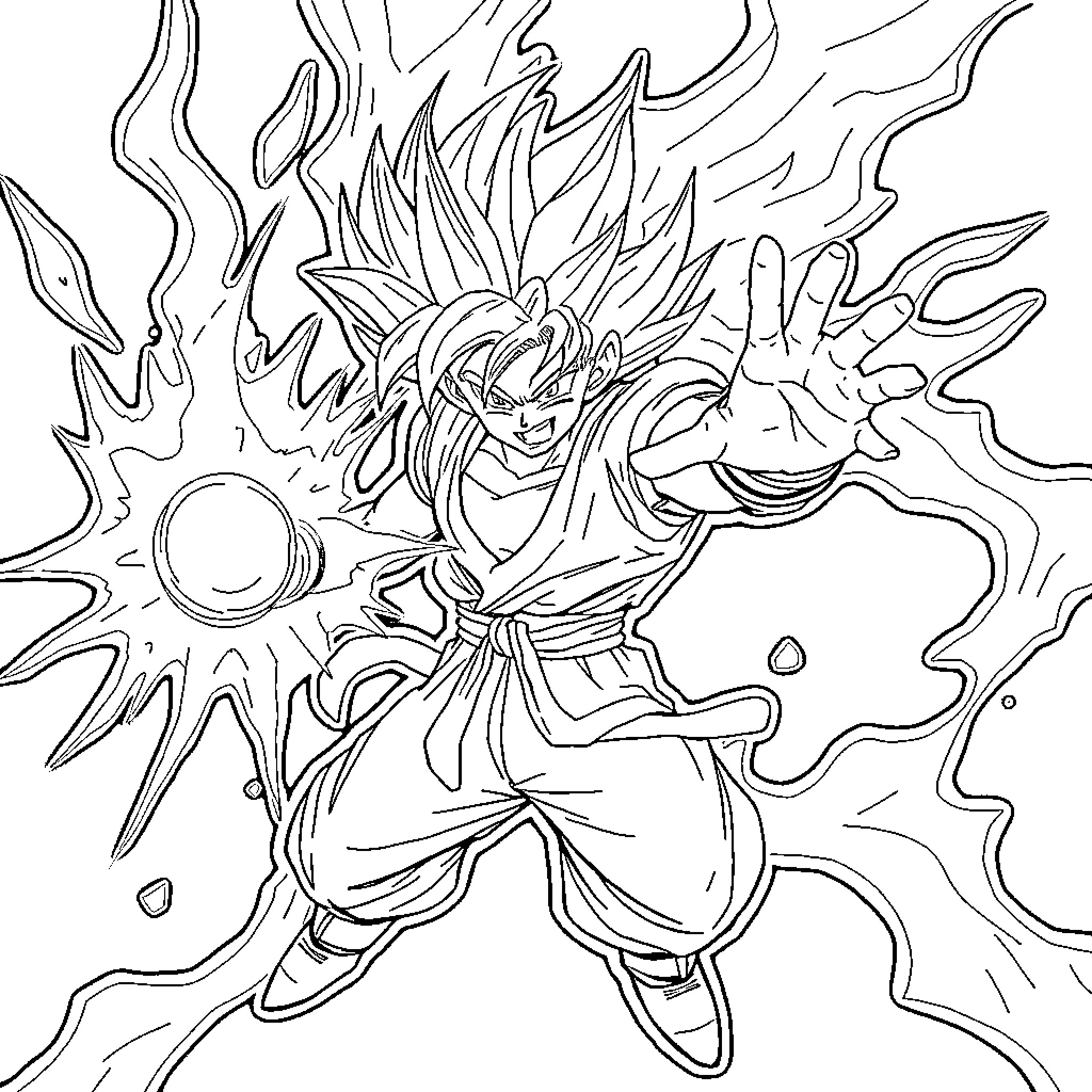 Goku's Powerful Transformation and Energy Blast Coloring Page (free black-and-white line drawing printable PDF for all, from beginners to advanced learners, including children, teens, adults, and seniors)