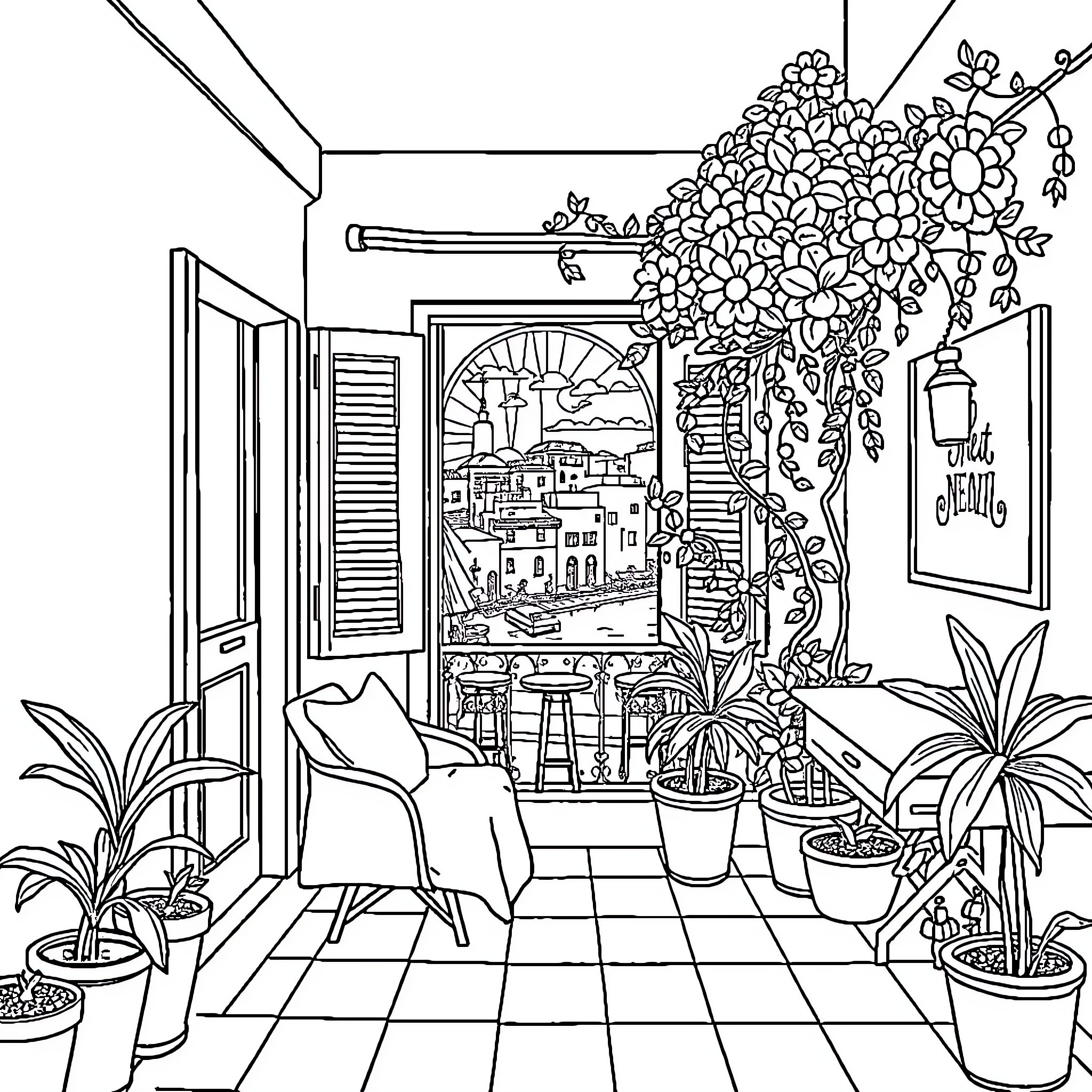 Piece of Cozy Indoor Garden Retreat Coloring Page (free black-and-white line drawing printable PDF for all, from beginners to advanced learners, including children, teens, adults, and seniors)