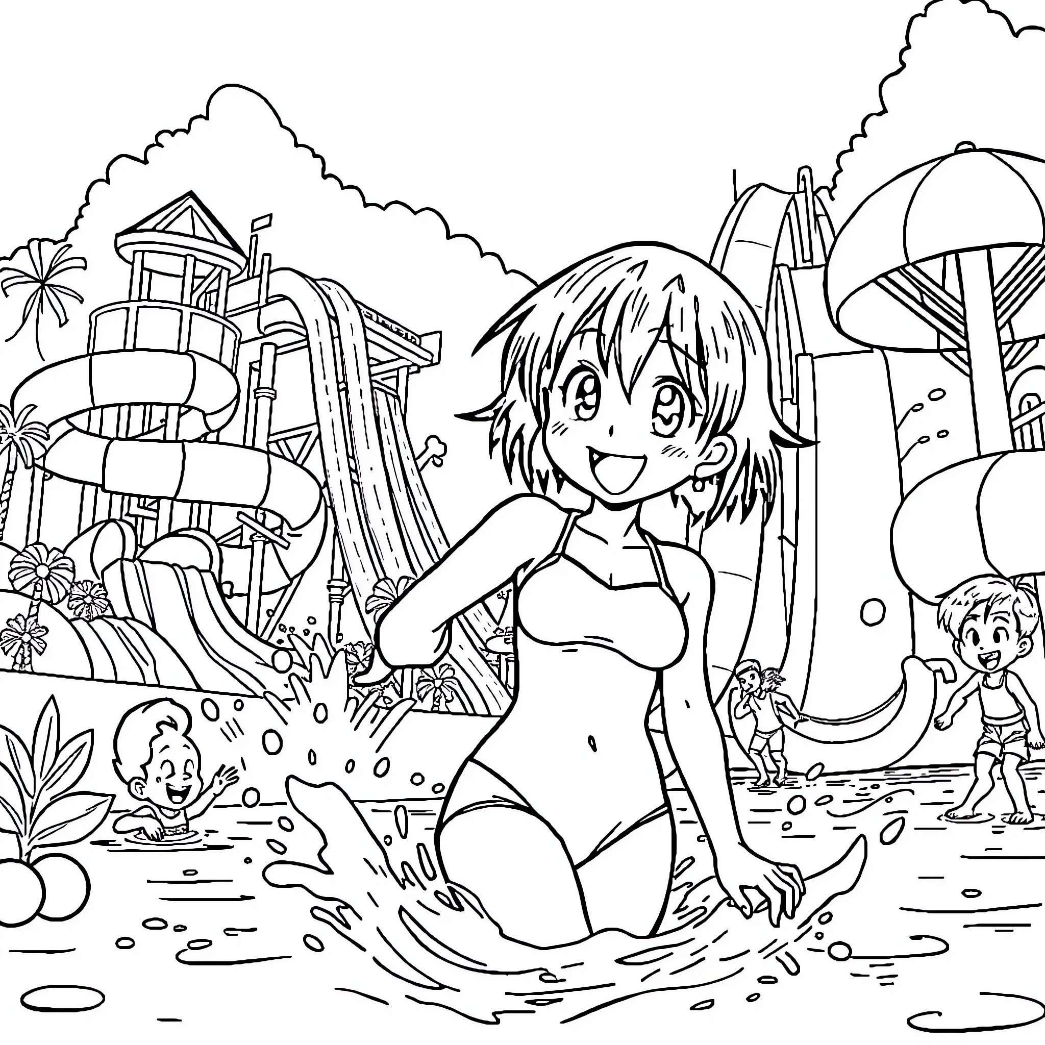 Ashitaka enjoying a fun day at the water park Coloring Page (free black-and-white line drawing printable PDF for all, from beginners to advanced learners, including children, teens, adults, and seniors)