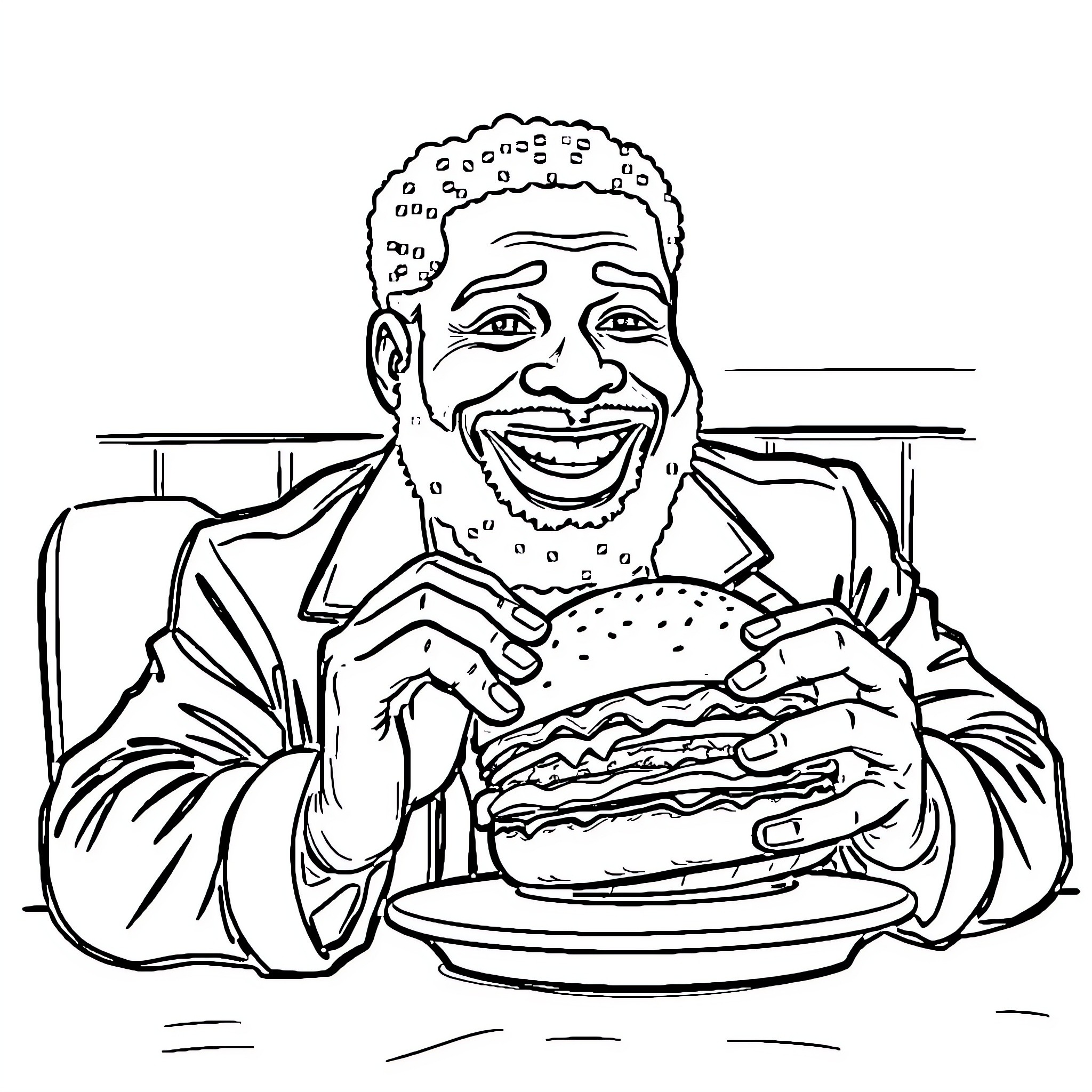 Dr. Umar Johnson enjoying a hearty meal Coloring Page (free black-and-white line drawing printable PDF for all, from beginners to advanced learners, including children, teens, adults, and seniors)