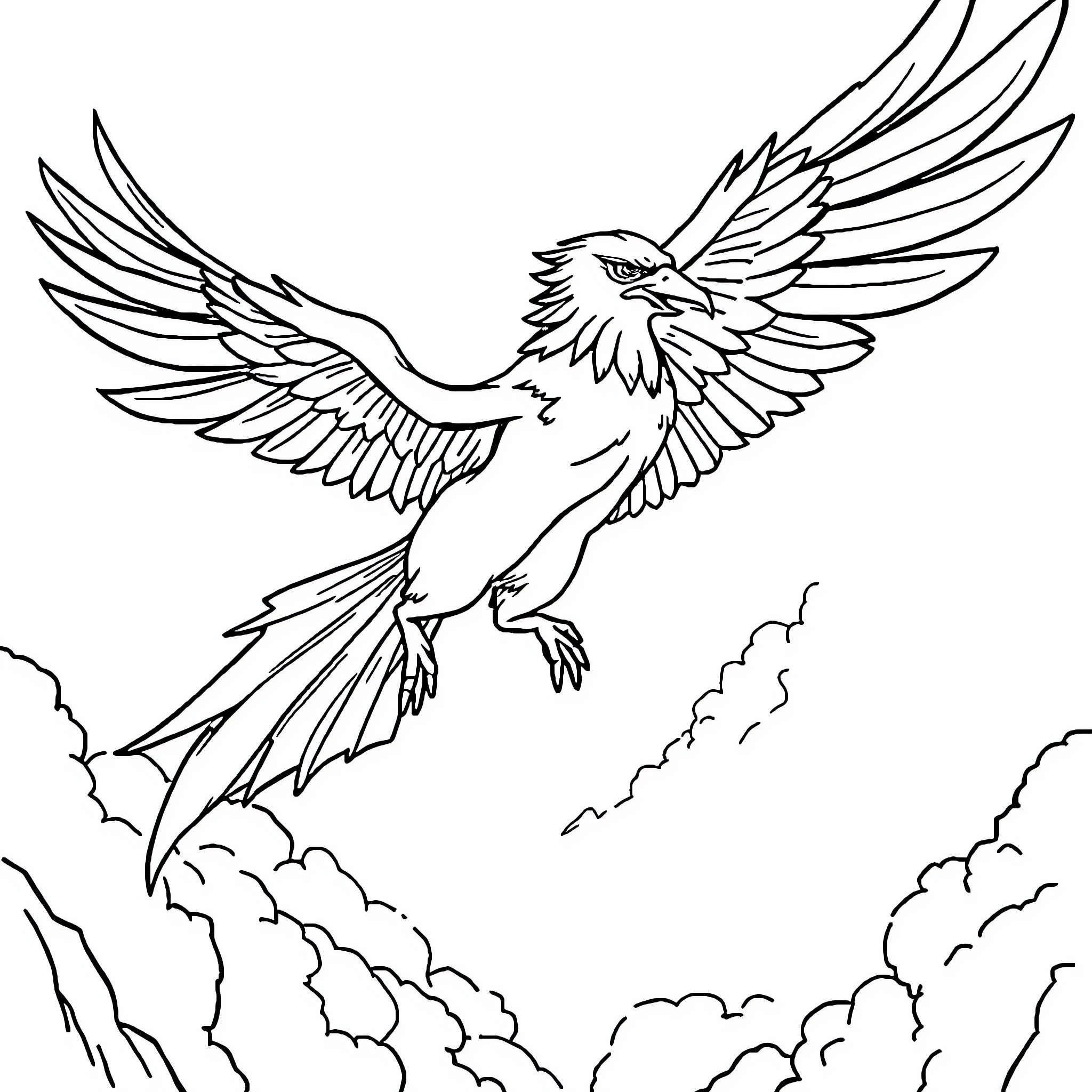 Goldorak soaring through the clouds Coloring Page (free black-and-white line drawing printable PDF for all, from beginners to advanced learners, including children, teens, adults, and seniors)