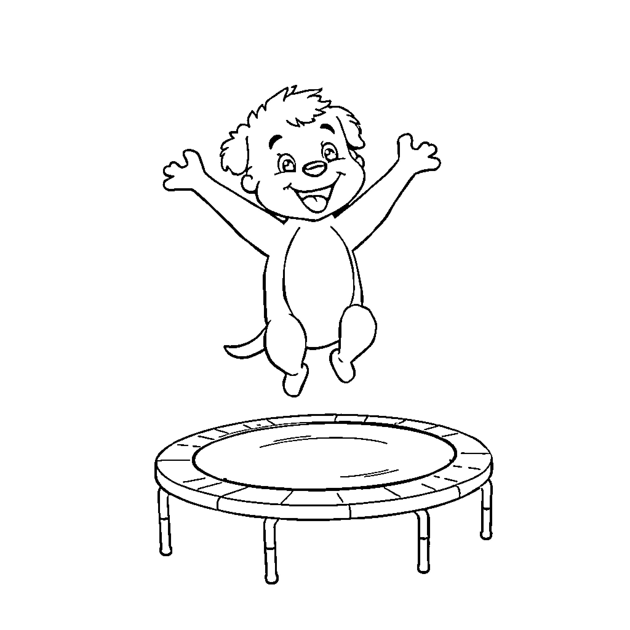 Rumi jumping joyfully on a trampoline Coloring Page (free black-and-white line drawing printable PDF for all, from beginners to advanced learners, including children, teens, adults, and seniors)